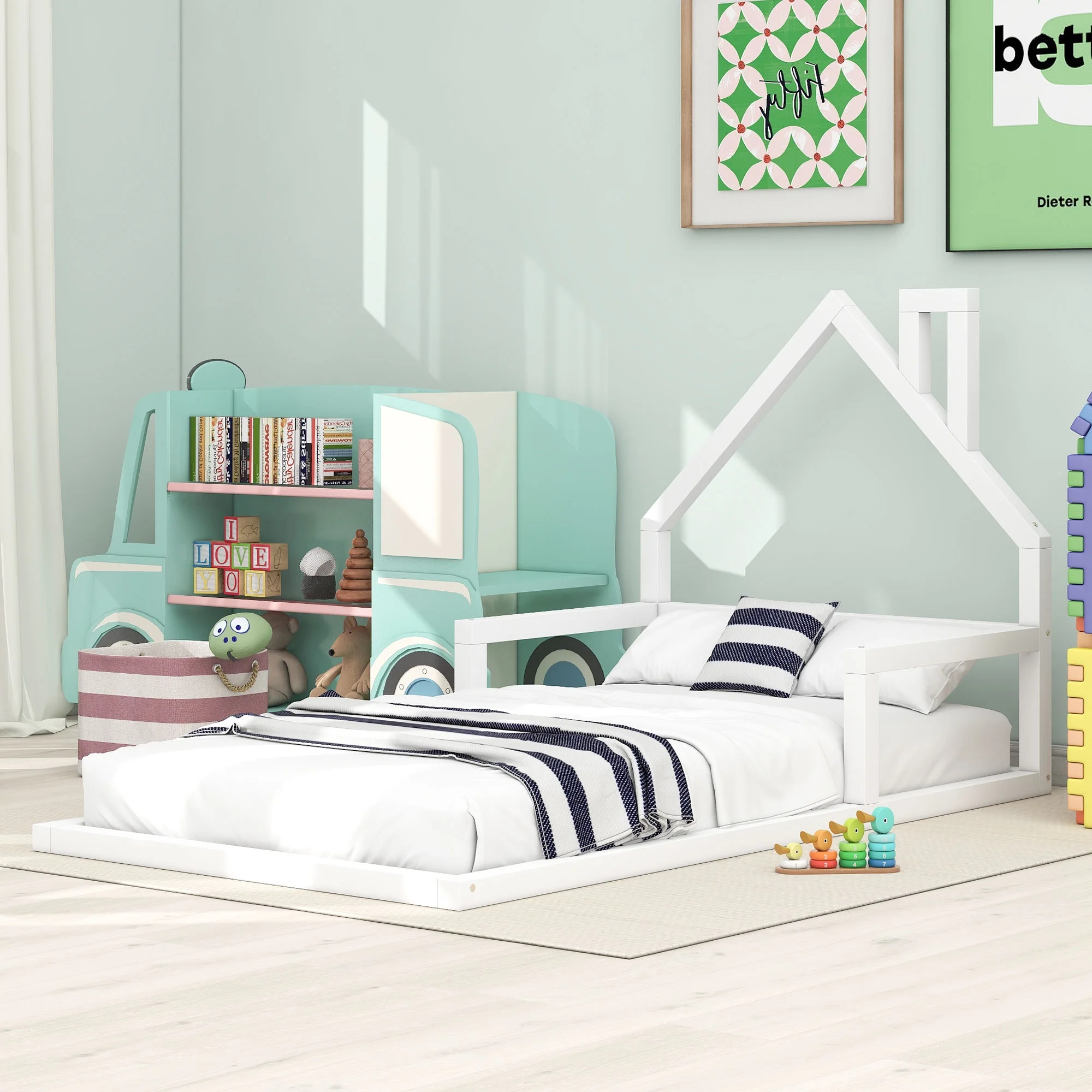CQSXDA Twin Size Wood Floor Bed with House-shaped Headboard, White