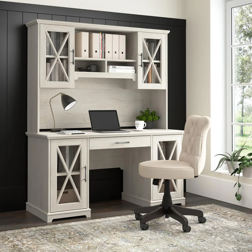 Lennox Desk with Hutch and Keyboard Tray in Linen White Oak - Engineered Wood