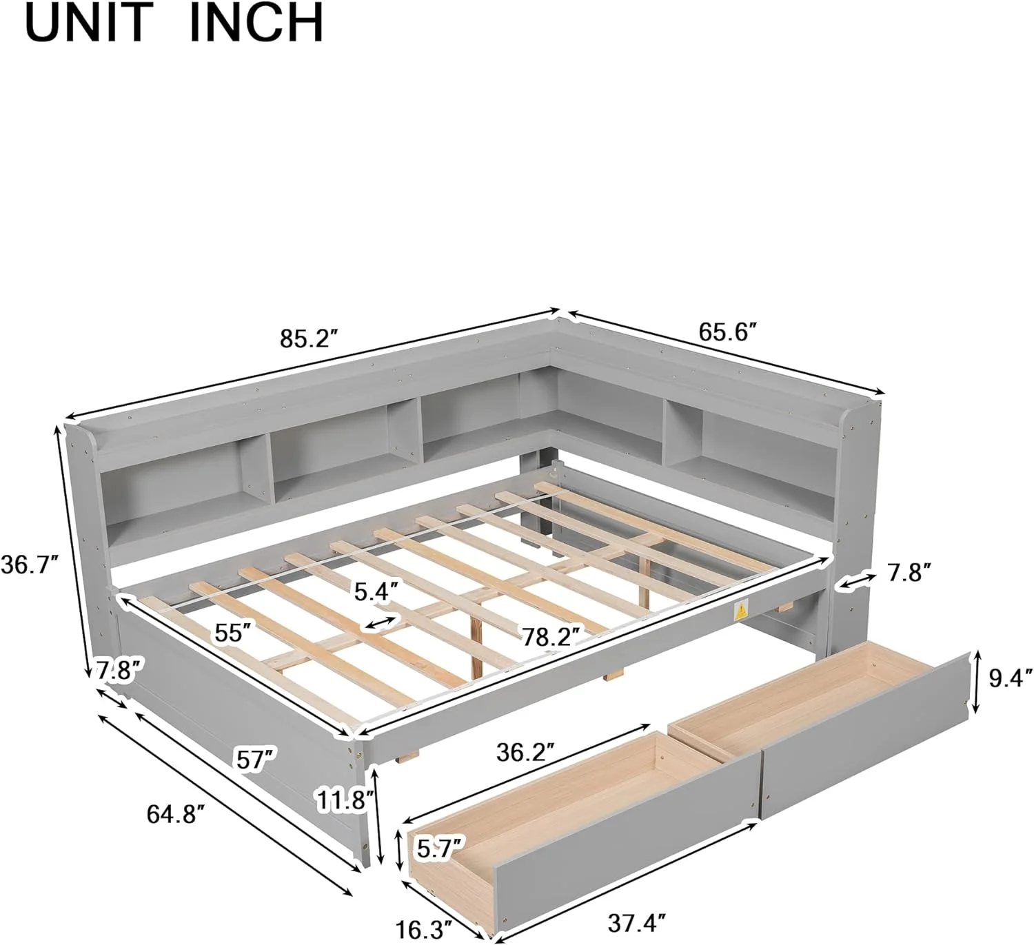 Full Size Daybed With Drawers, Wood L-Shape Daybed With Bookcase Headboard, Full Platform Bed With Storage Cabiets Ad Drawers For Kids Tees Adults, Gray