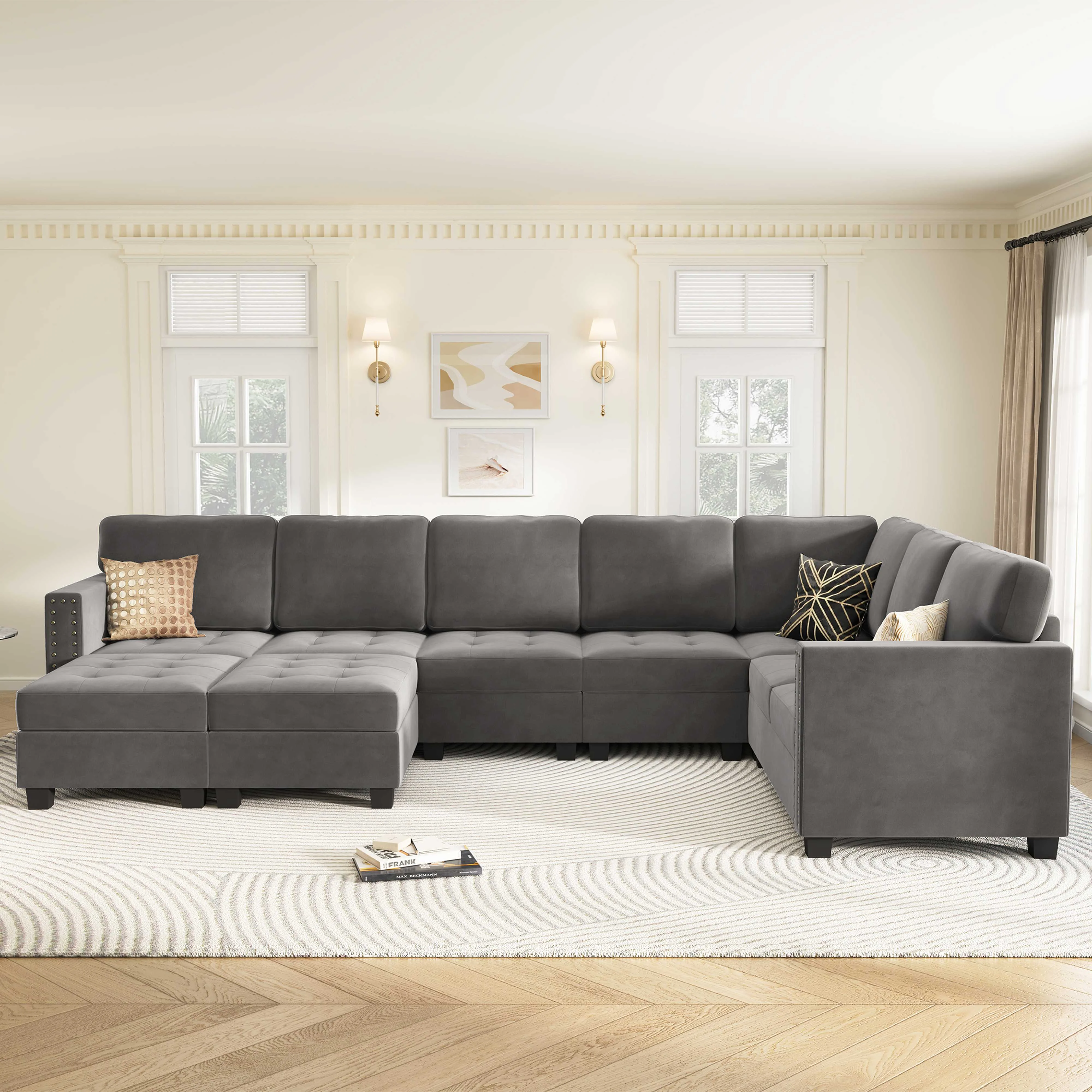HONBAY Upholstered L-Shaped Sofa Bed with Storage Reversible Ottoman, Dull Grey