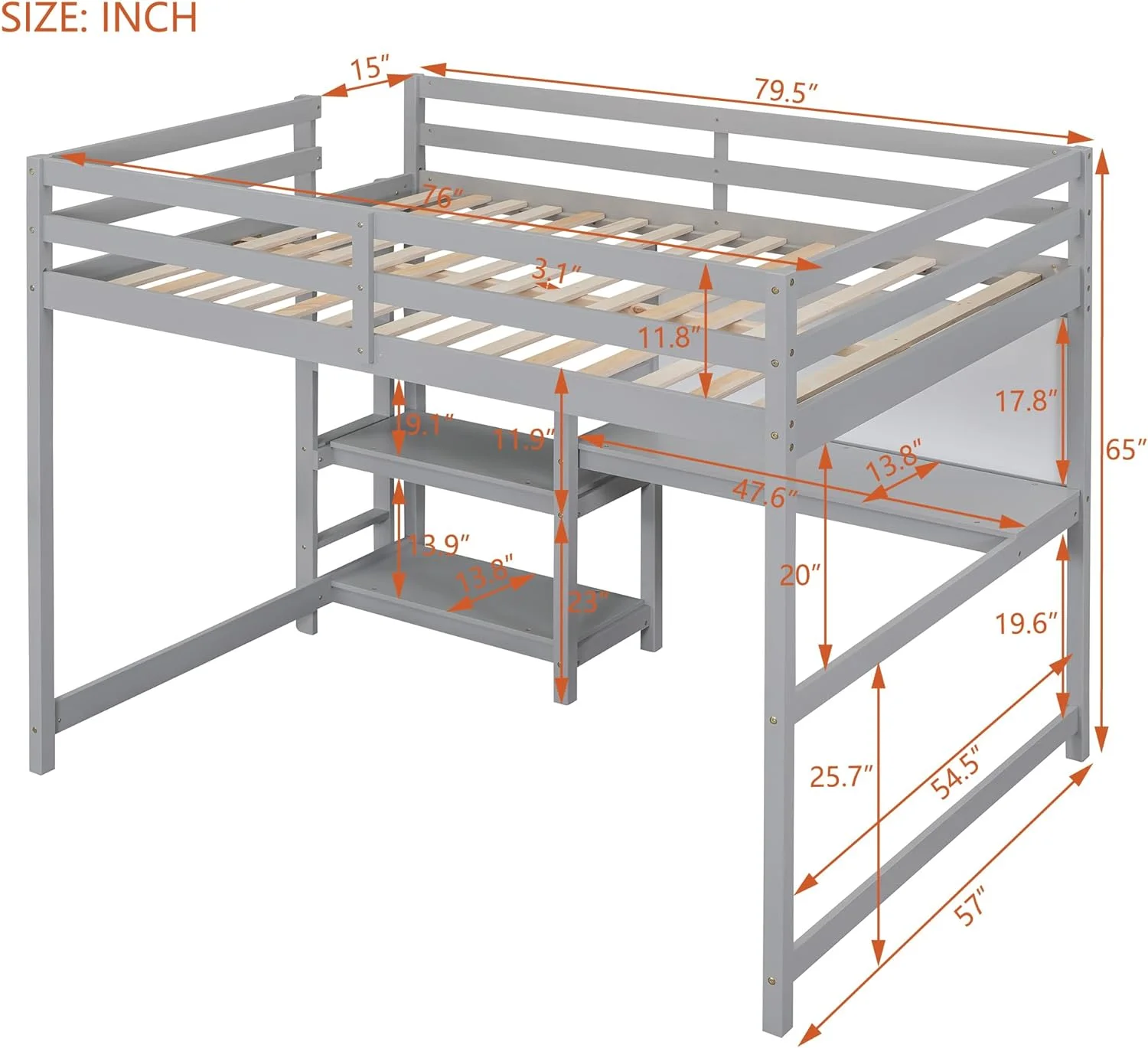 Full Size Woode Loft Bed With 3-Tier Shelves,Desk Ad Writig Board,Multi-Fuctioal Full Loft Bed Frame For Bedroom,Dormitory(Gray)