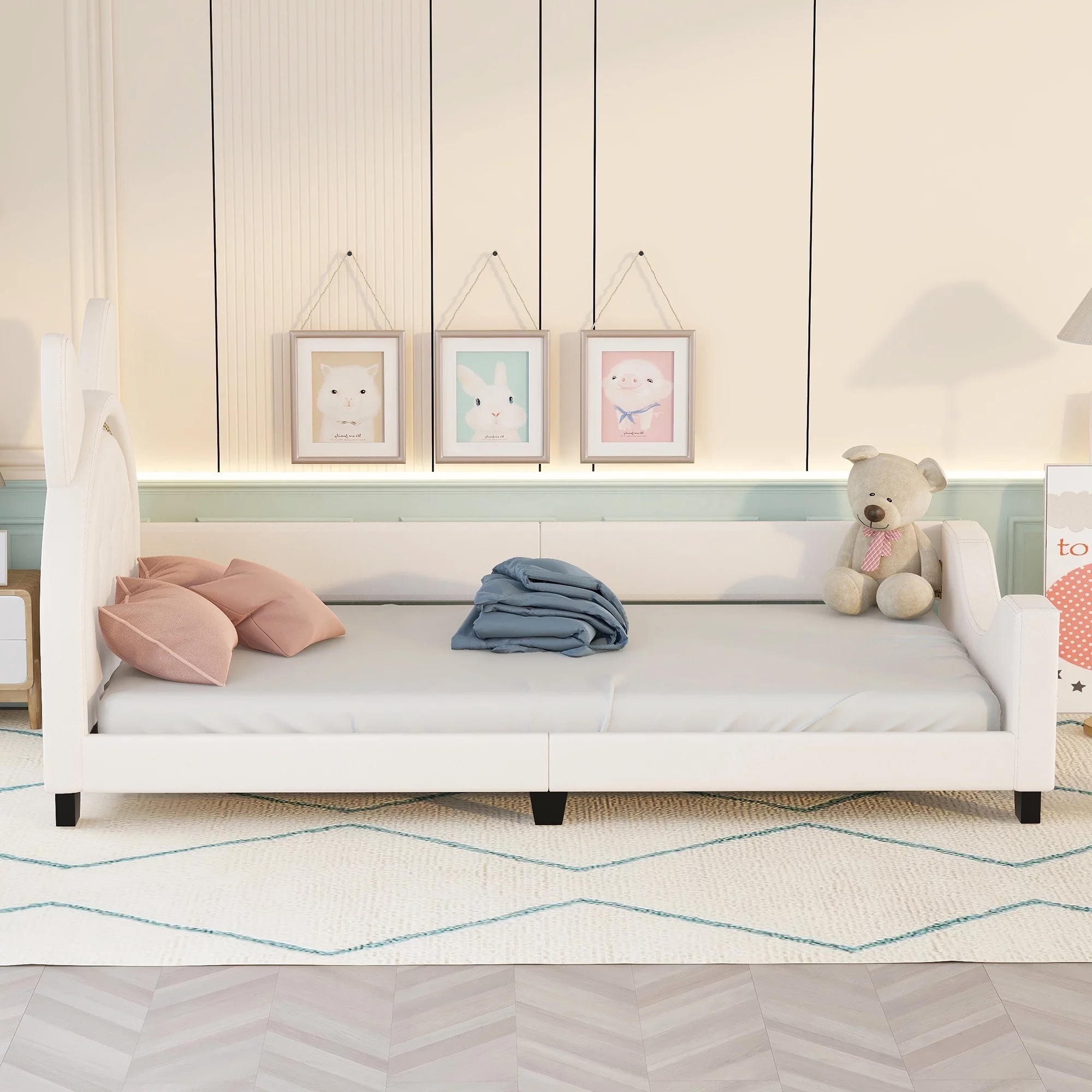 Twin Upholstered Daybed with Carton Ears Shaped Headboard and Sturdy Frame, Wood Slat Support, Living Room Sofa Bed PU Leather Bed for Bedroom Guest Room(White)