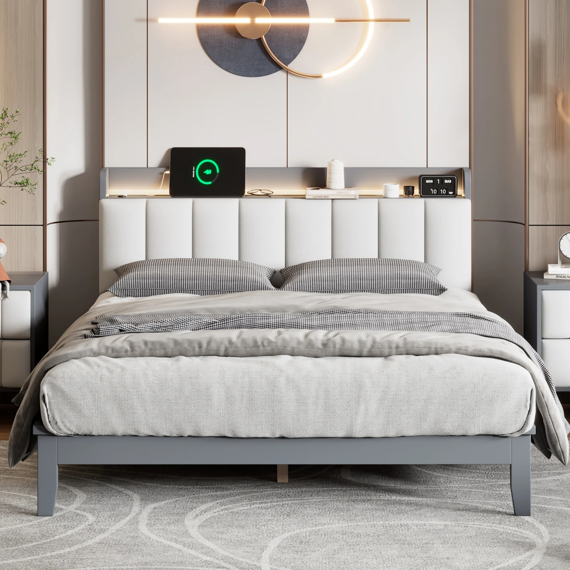 Queen Bed Frame with USB Charging Station - Platform Bed with Storage Upholstered Headboard, LED Bed Frame, No Box Spring Needed-Gray