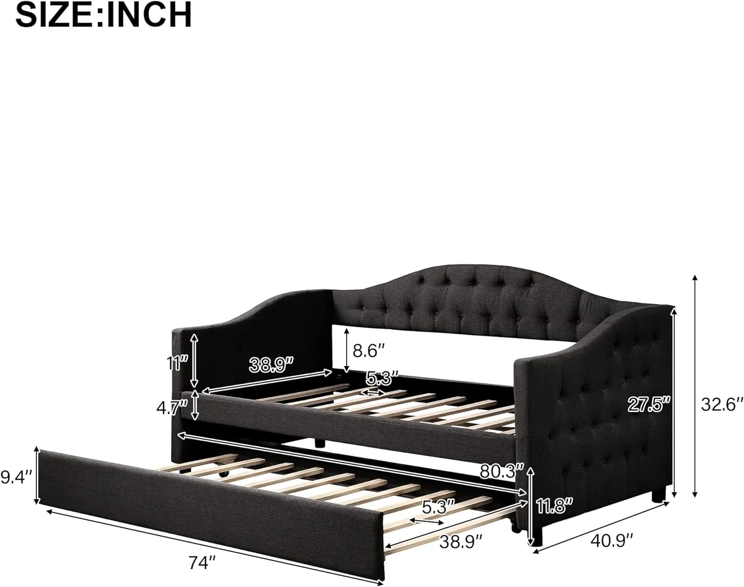 Upholstered Daybed, Linen Fabric Upholstered Tufted Sofa Bed With Trundle, Sofa Bed Trundle Daybed With Wood Frame，Dark Gray