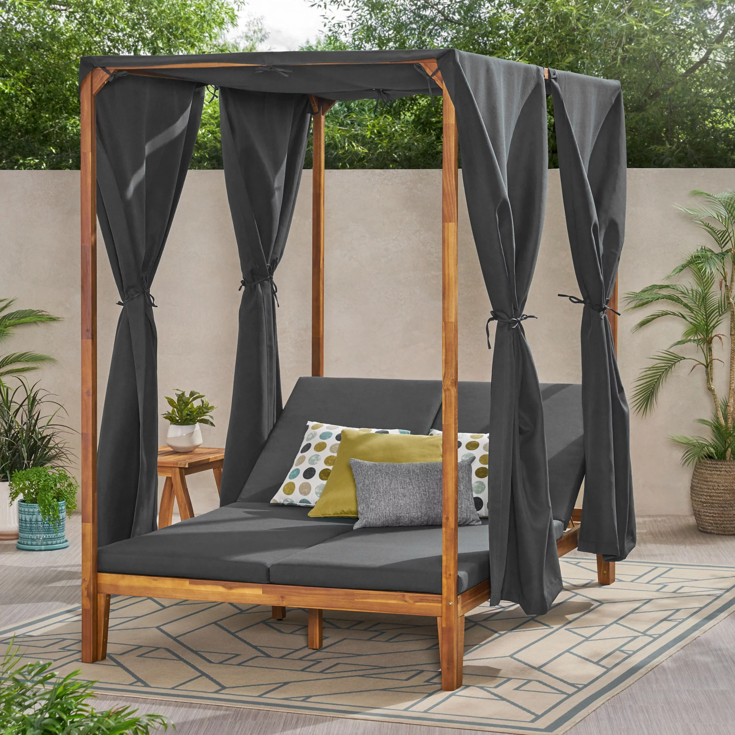 GDF Studio Leaverton Outdoor Acacia Wood 2 Seater Adjustable Daybed with Curtains, Teak and Dark Gray