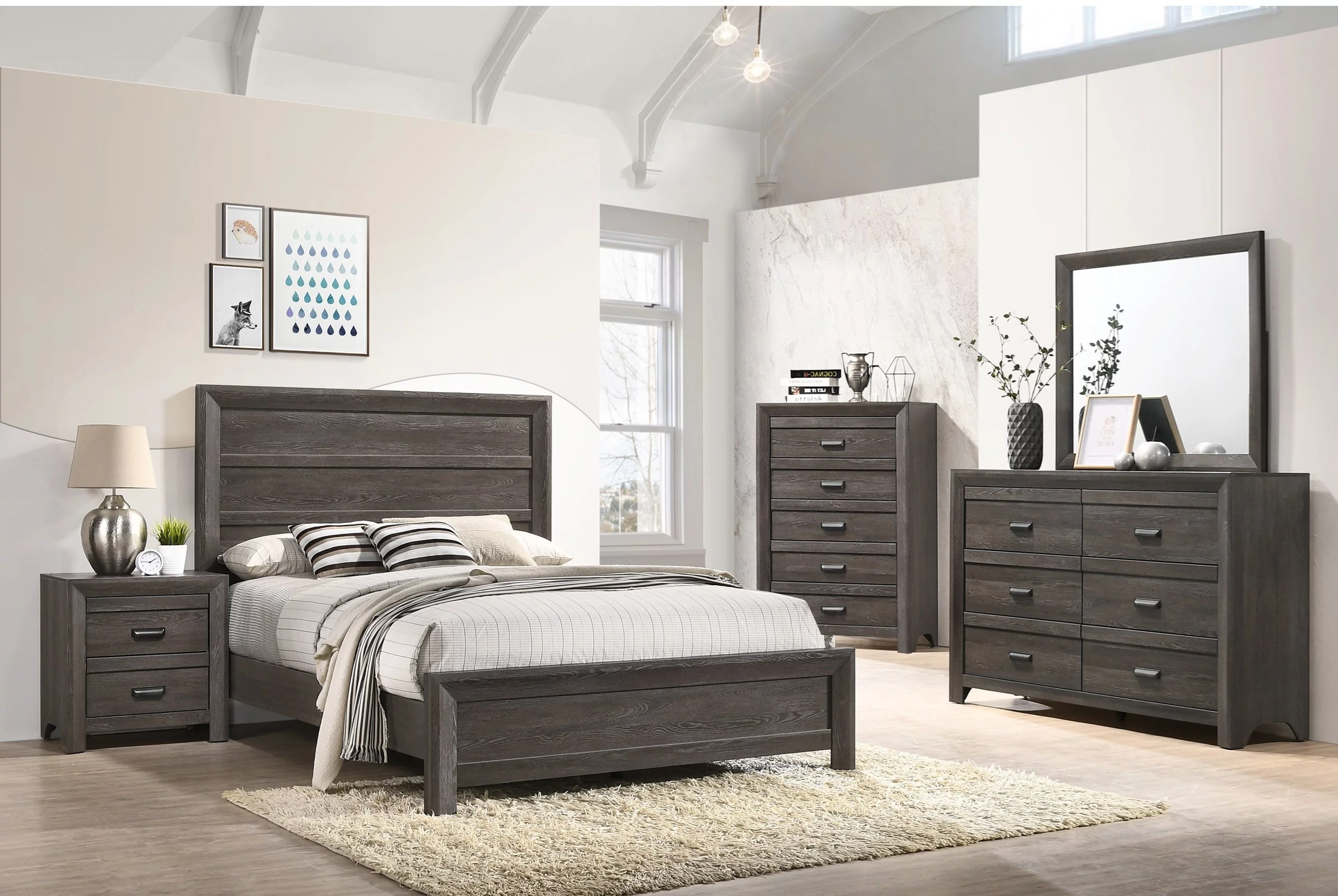 6pc King Size Contemporary Style Master Bedroom Set Brown Rustic Finish Bed Dresser Mirror Nightstand