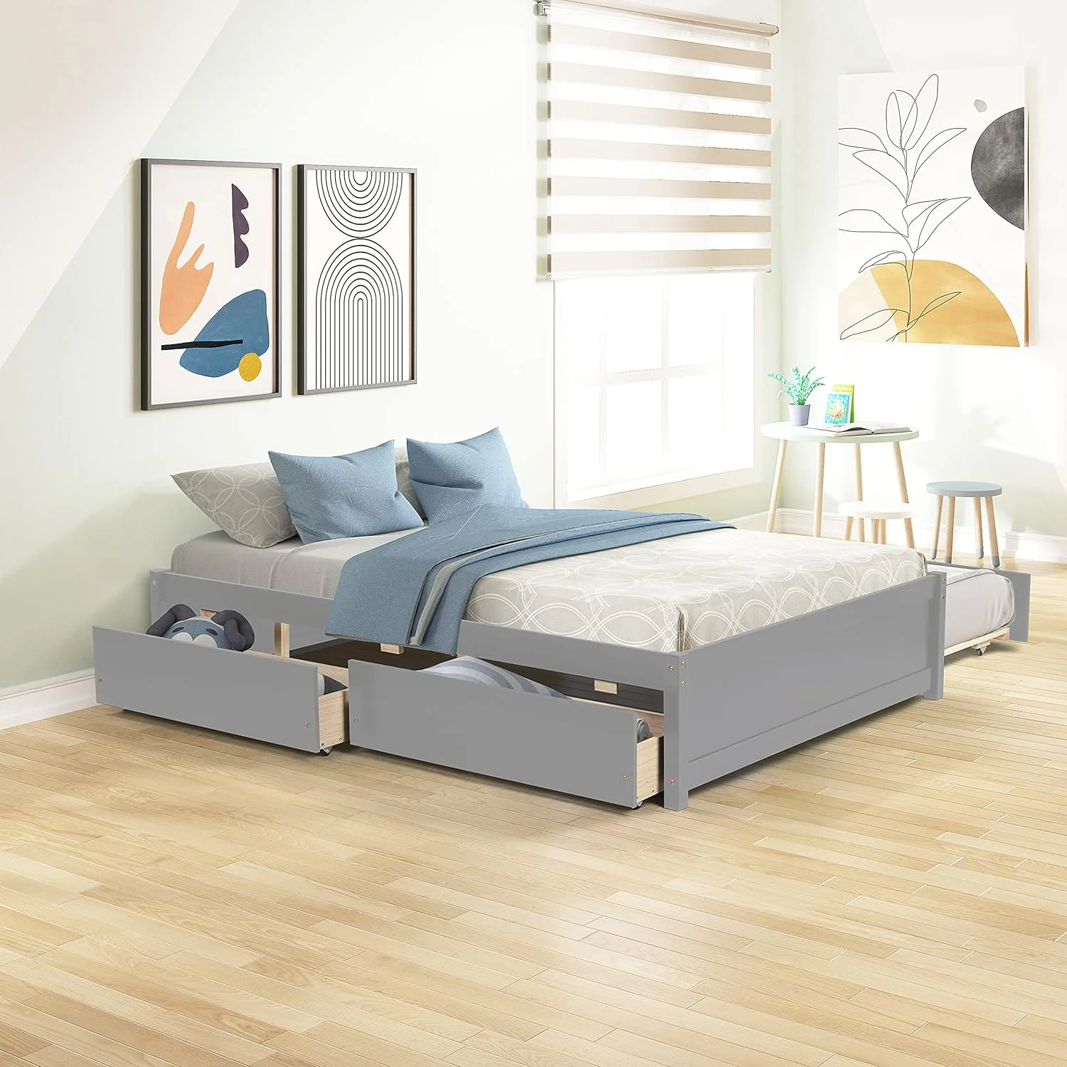 Full Bed With Trundle And Two Drawers, Wooden Platform Bed Frame (Gray)
