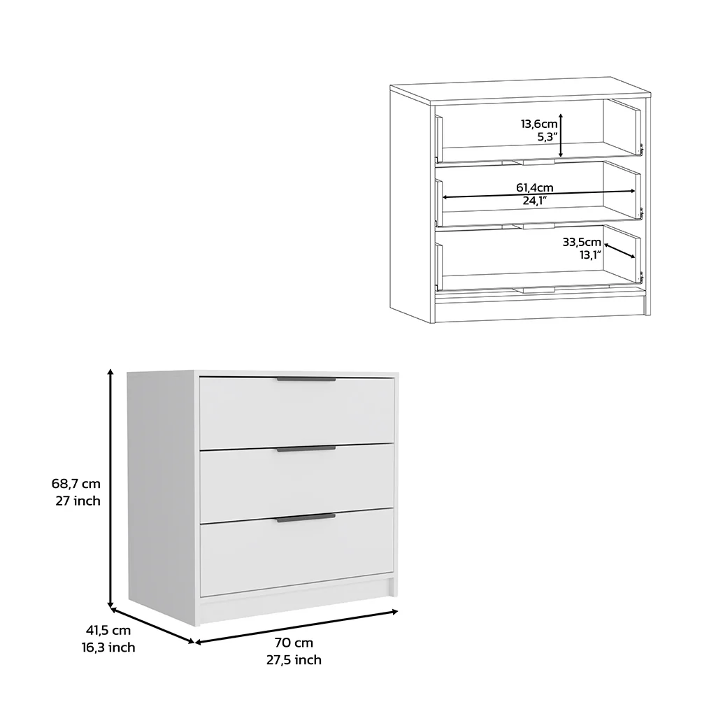 CoSoTower 3 Drawers Dresser Maryland, Superior Top, White Finish