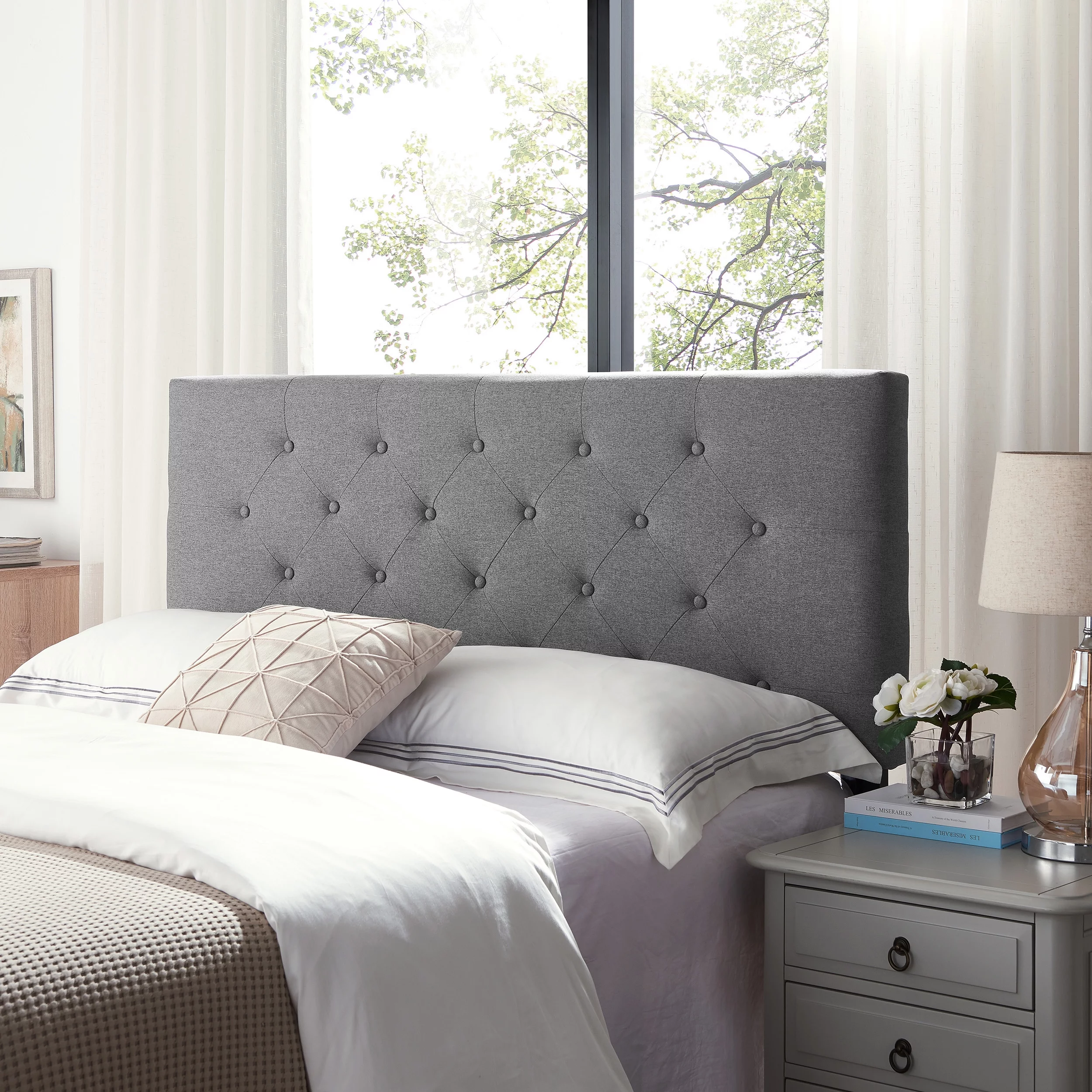 Noble House Jedidiah Contemporary Upholstered Queen/Full Headboard, Charcoal Gray, Black