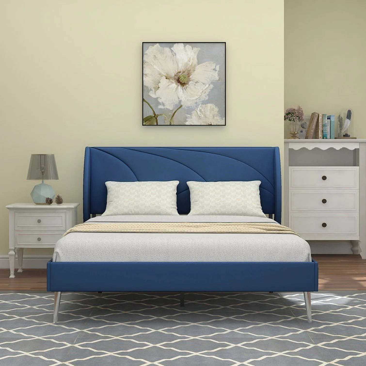 AGARTT Low Profile Upholstered Platform Bed Frame With Wing Headboard,Queen Size/Navy-Blue
