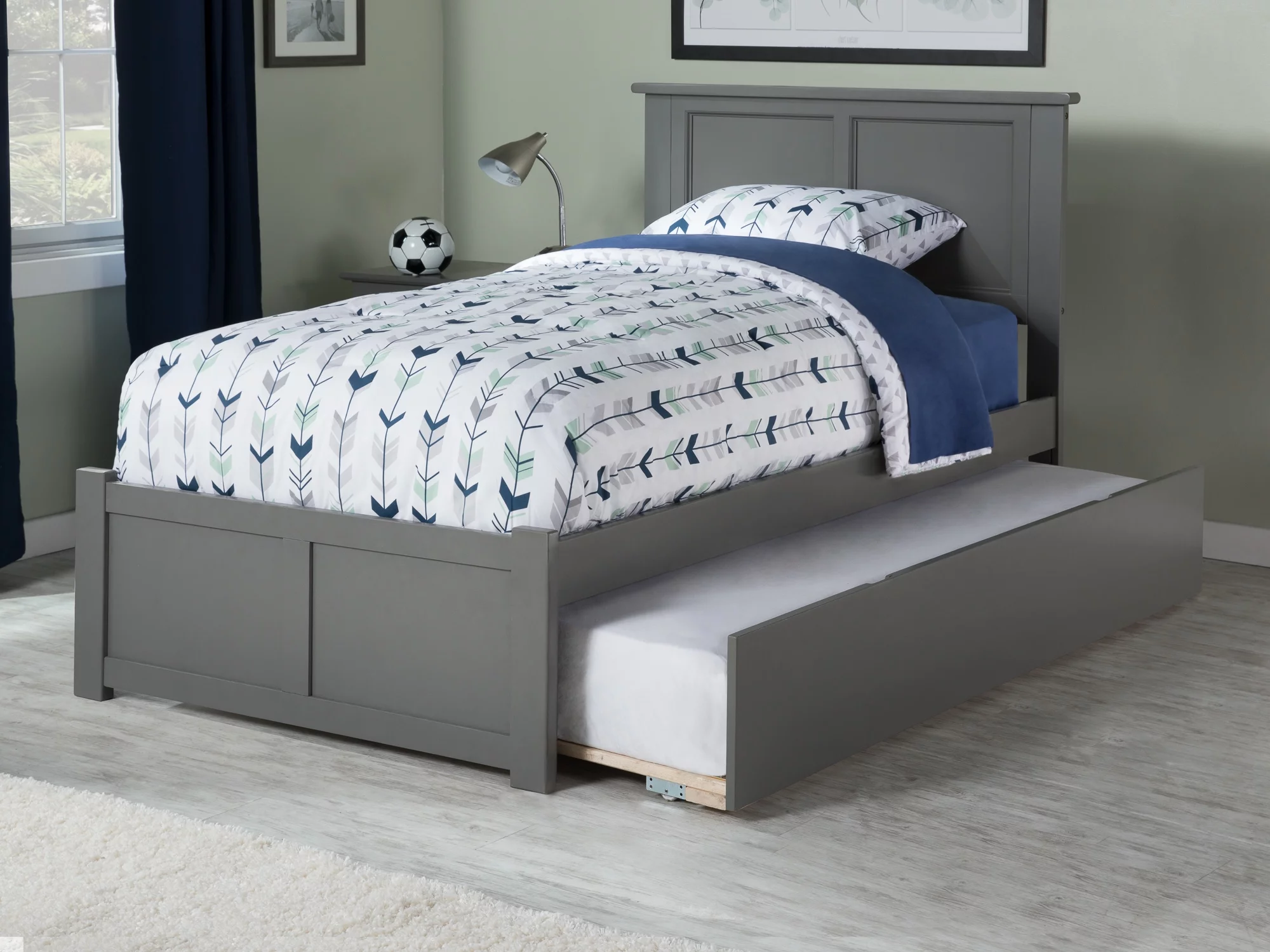 AFI Madison Twin Solid Wood Platform Bed with Footboard & Twin Trundle in Grey