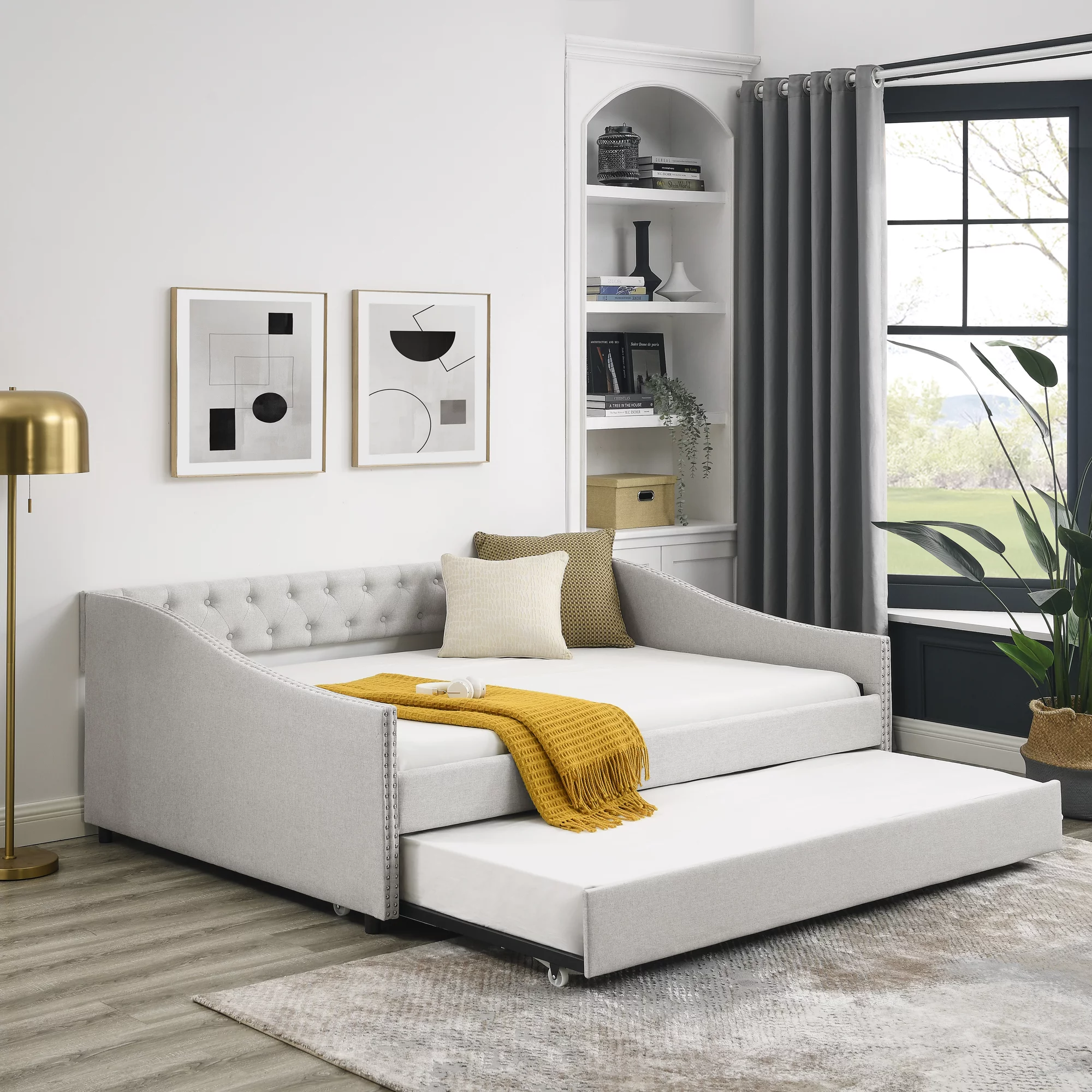 CoSoTower Full Size Daybed with Twin Size Trundle Upholstered Tufted Sofa Bed, with Button on Back and Copper Nail on Waved Shape Arms, Beige, 80.5