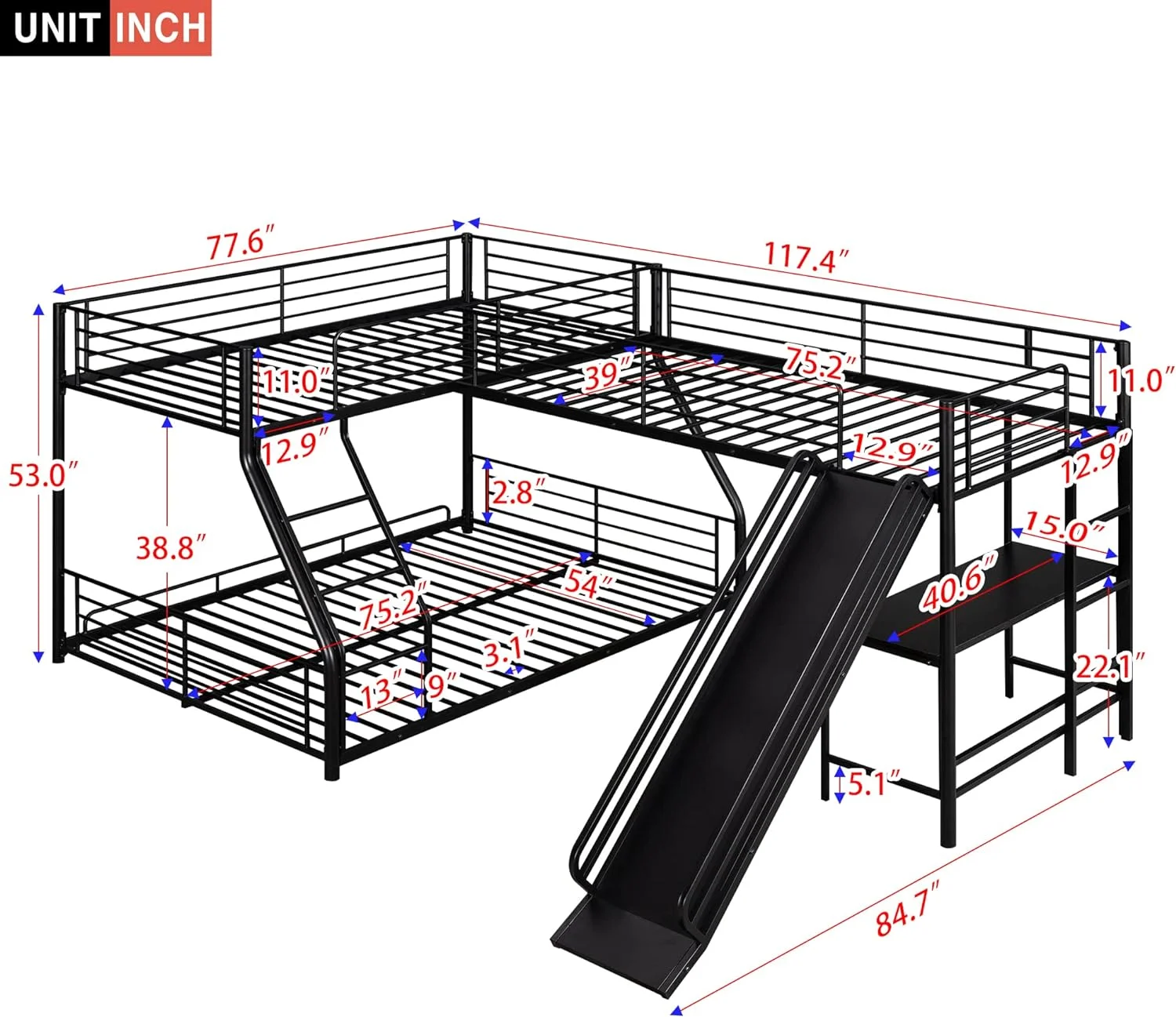 Metal L-Shaped Buk Bed,Triple Buk Bed With Desk Ad Slide, Over Full Buk Bed Attached A Loft Bed With Desk Udereath,3 Buk Beds For Kids Boys Girls Tees,Black