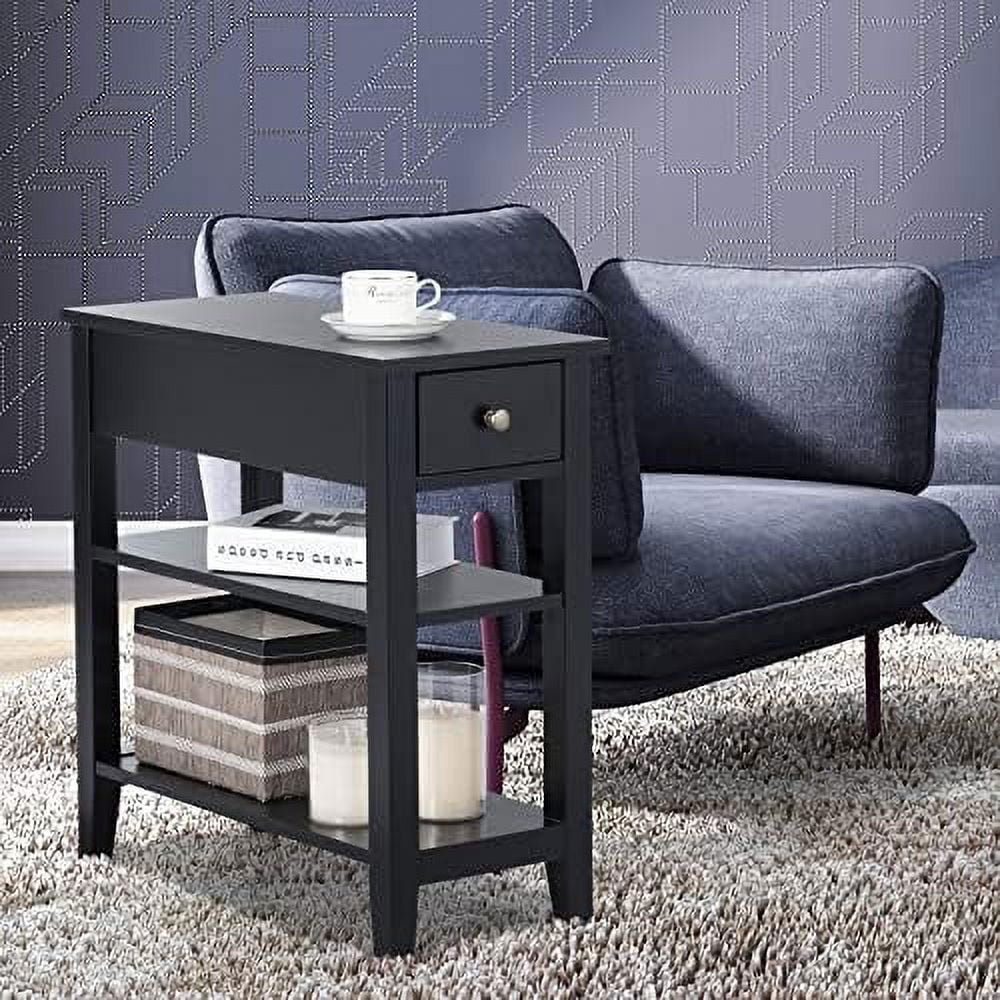 End Table Set of 2 with Drawer and Open Shelf Narrow Side Table Slim Bedside Table 3-Tier Nightstand for Living Room Bedroom Office (Black)