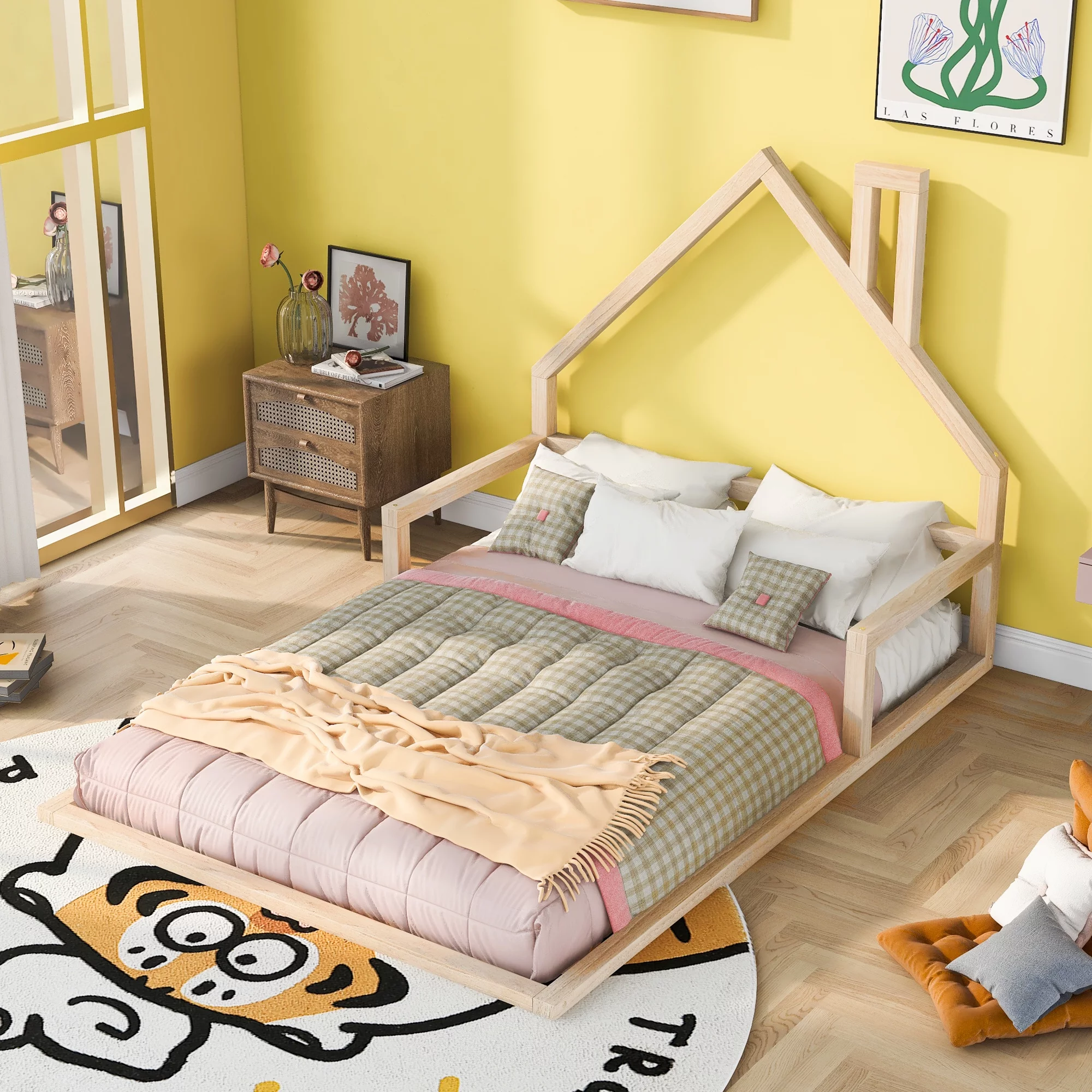 Euroco Full Size Wood Floor Bed for Kids Room, Natural