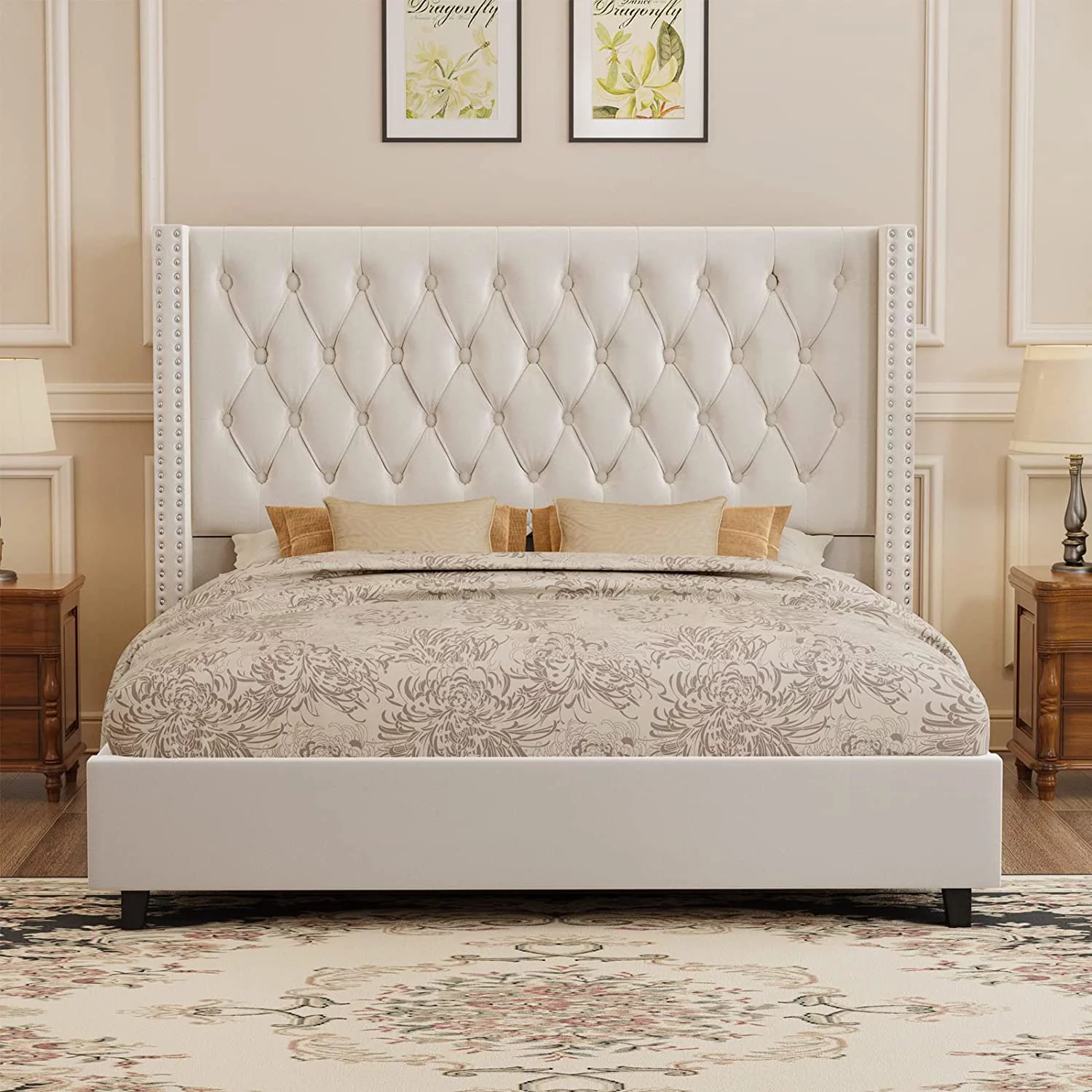 PaPaJet Bed Frame King Size Velvet Deep Tufted Upholstered Headboard 53