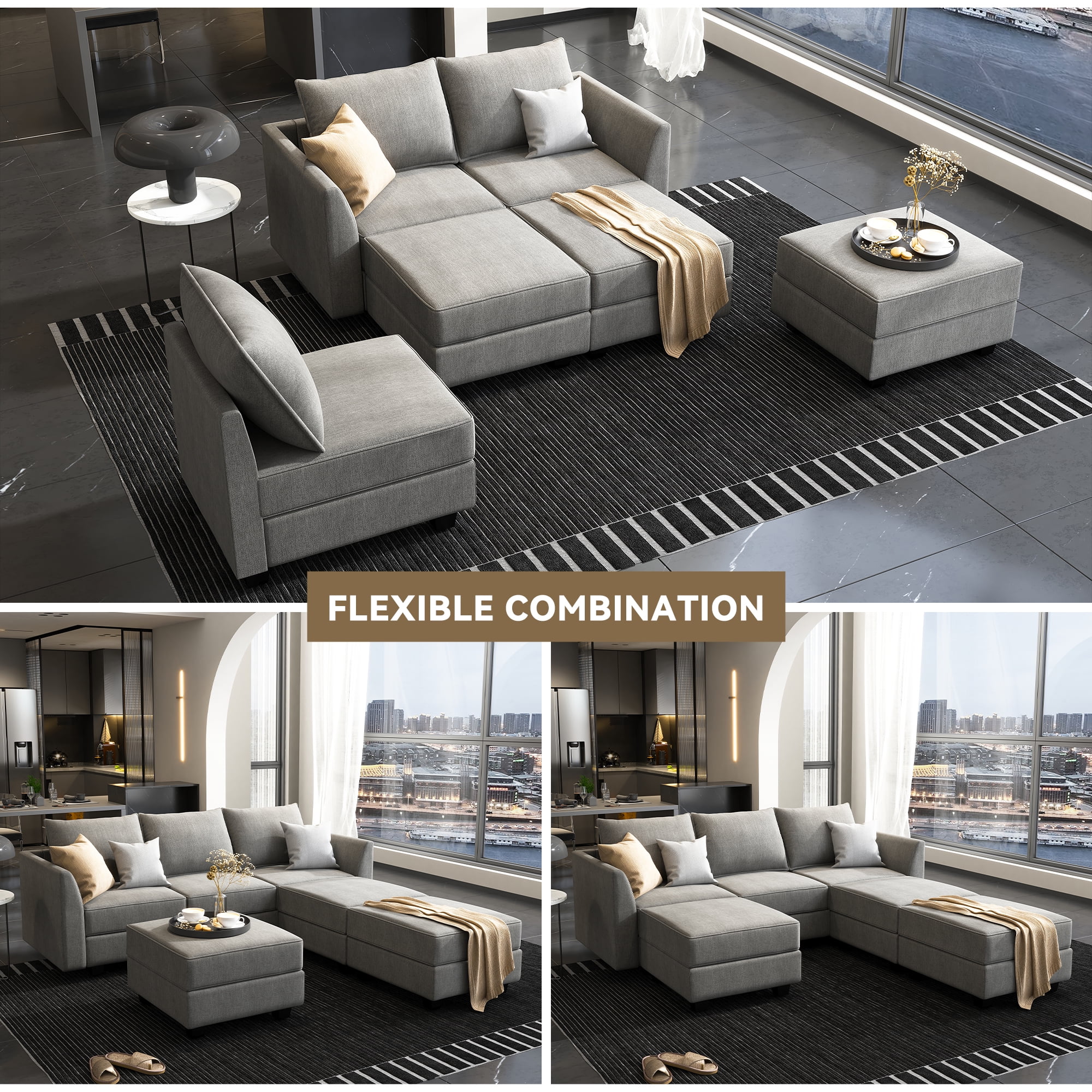 HONBAY Modern Convertible Fabric Sleeper Sectional Couch Sofa Bed with Storage Ottomans, Grey