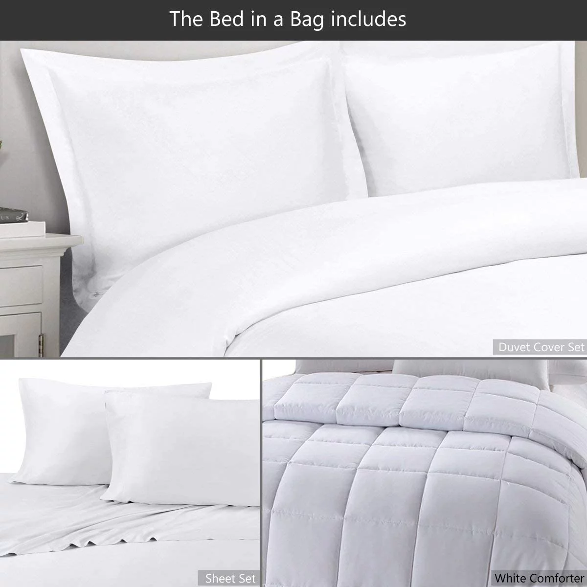 Sheetsnthings 8 Piece Bed in a Bag Full Size Set Includes: Hybrid Bamboo-Cotton Blend, Solid White (Sheet Set + Duvet Cover Set) + All Season White Down Alternative Comforter
