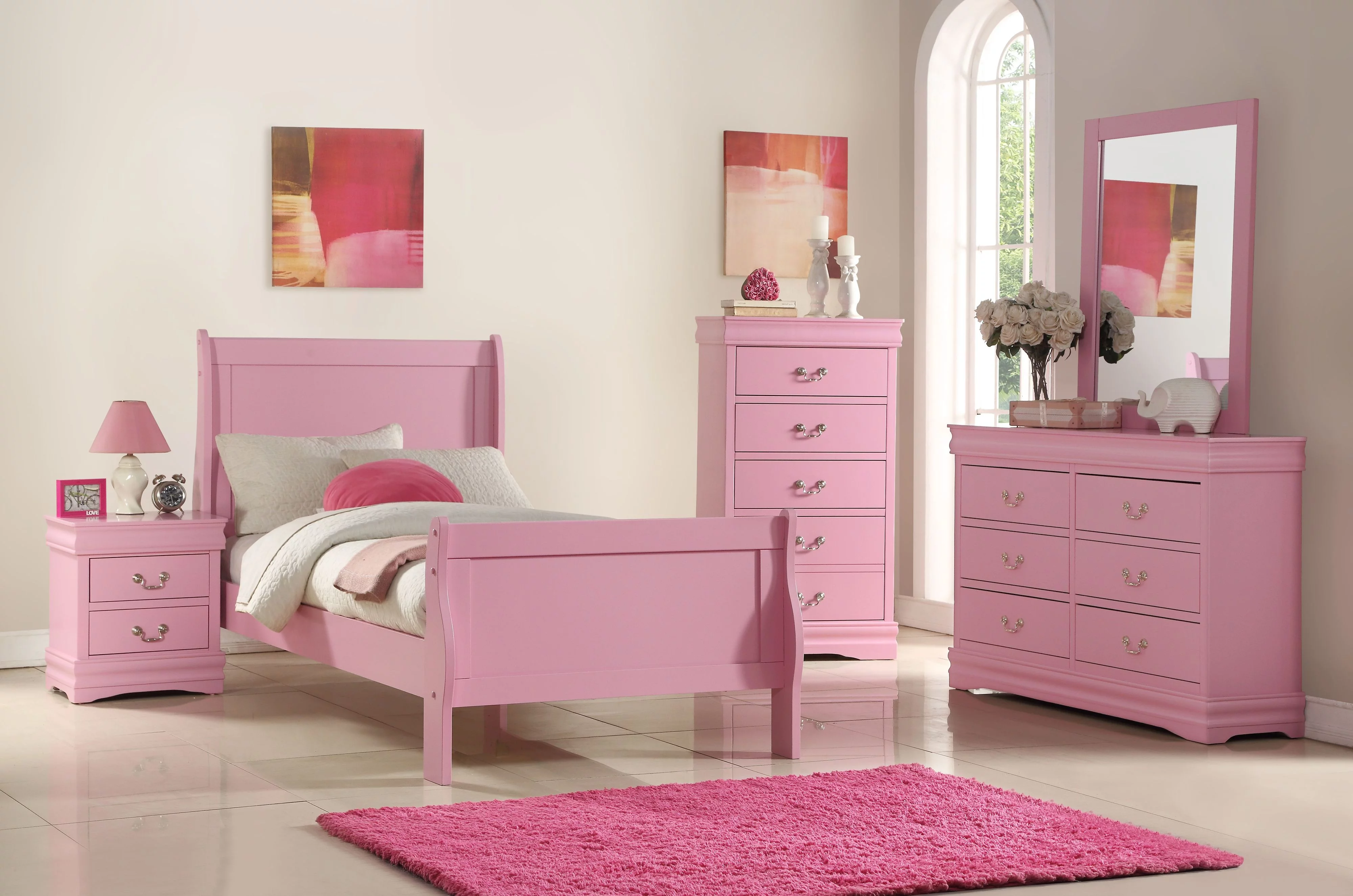 Twin Size Wooden Bedroom Set includes Headboard, Footboard, Dresser, Mirror, Chest, Nightstand in Pink