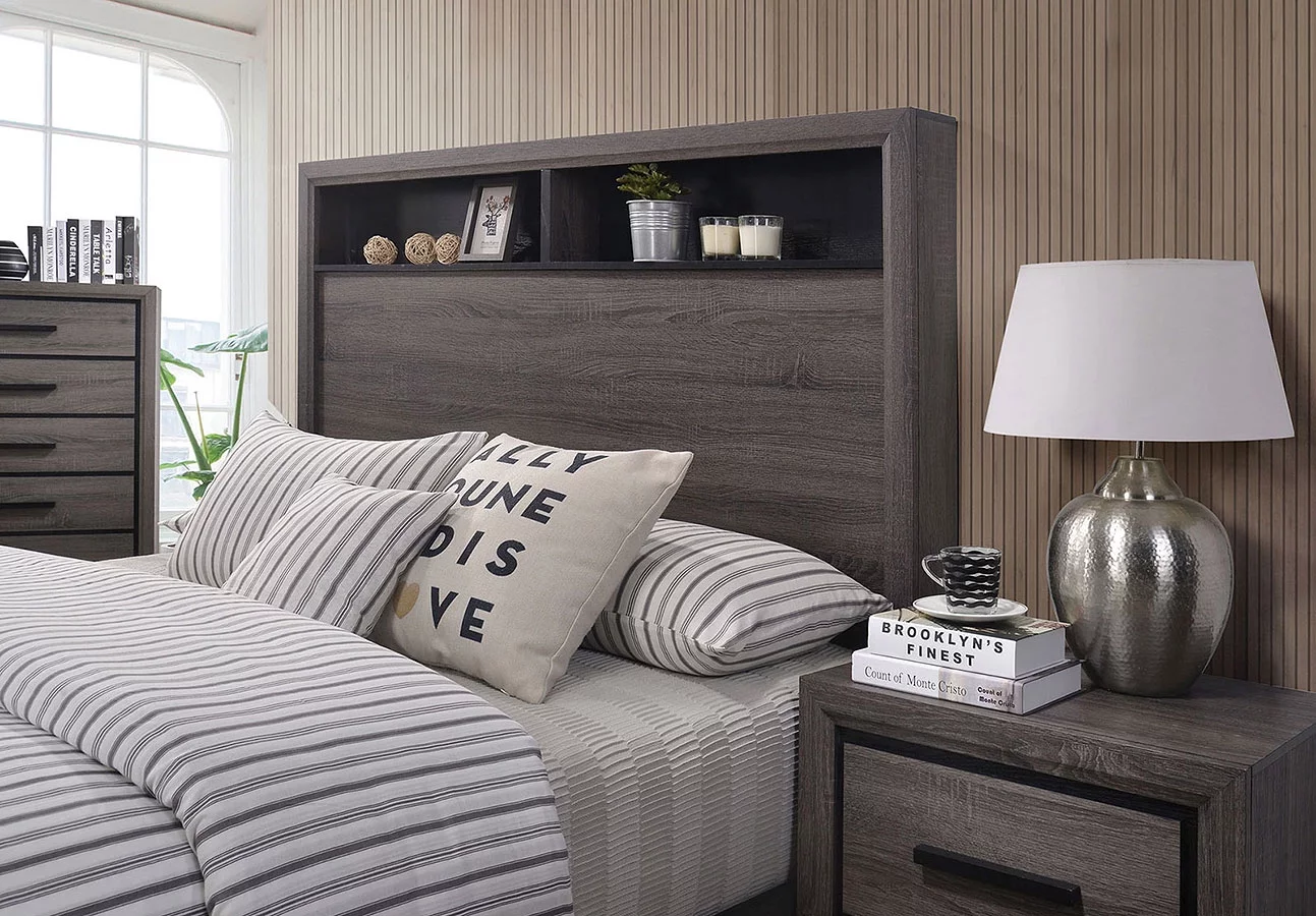 1-pc Bedroom Paper Veneer Grey Queen Size Bed w Shelf HB Furniture Contemporary Two-Tone Design