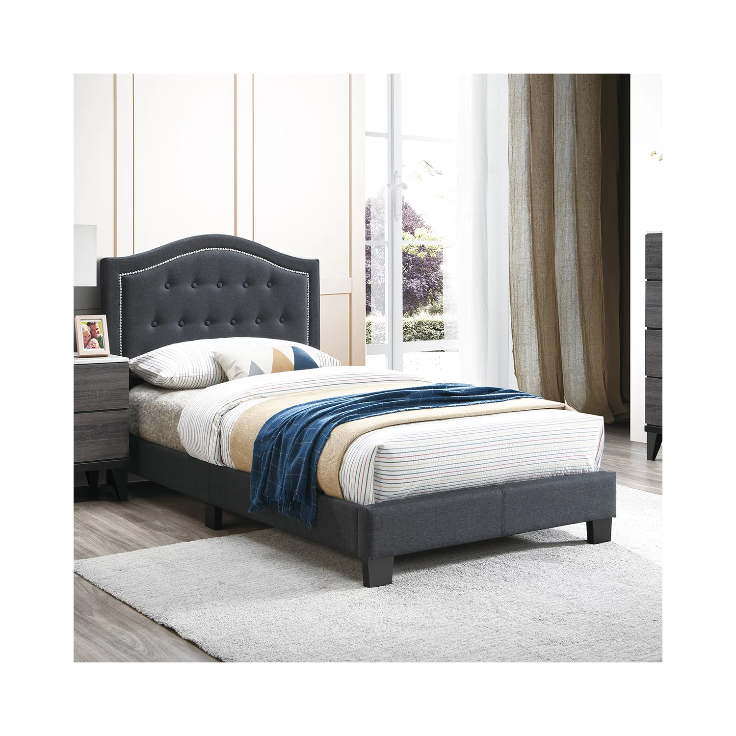 Poundex Twin Burlap Fabric Upholstered Bed Frame with Slats in Charcoal