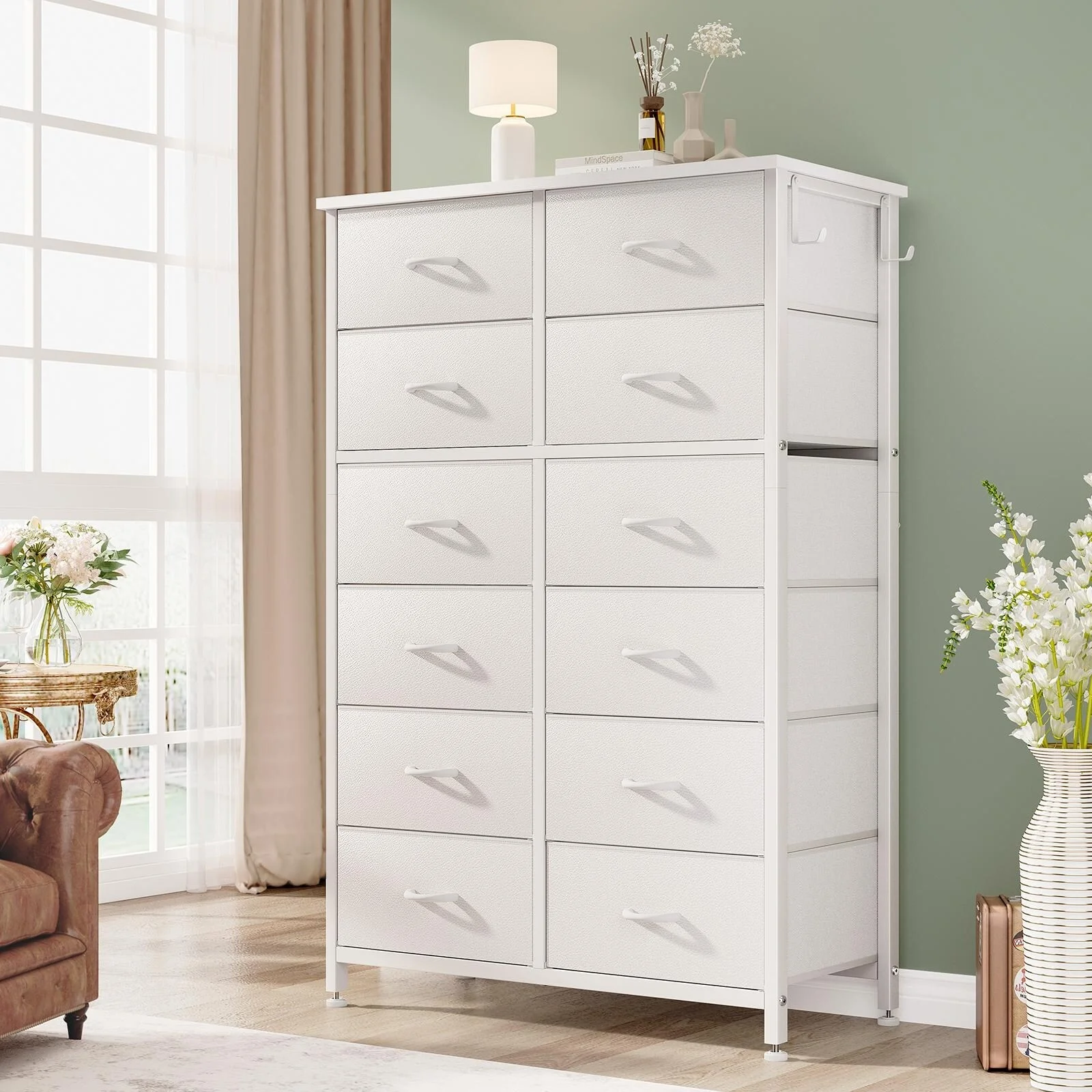 JINYUZHOU INC 12 Drawer Dresser Tall Fabric Chests of Drawers Closet for Bedroom White PU - 12-drawer