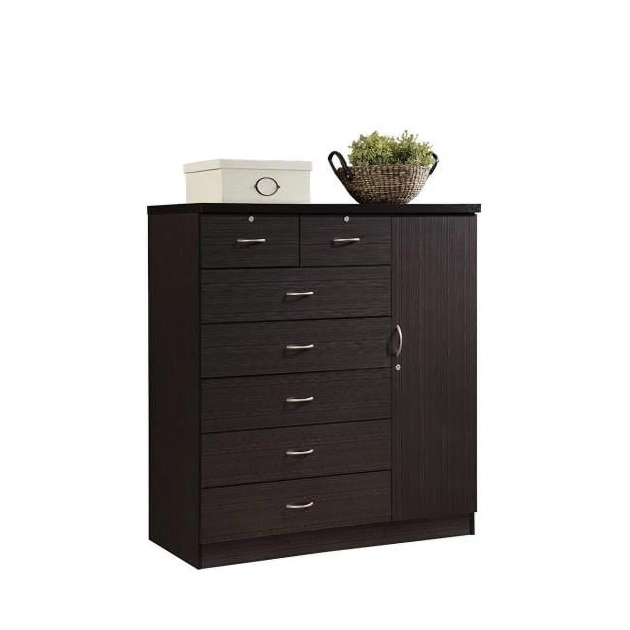 Hodedah 7-Drawer Chest with Locks On 2-Top Drawers Plus 1-Door, 3-Shelves - Chocolate
