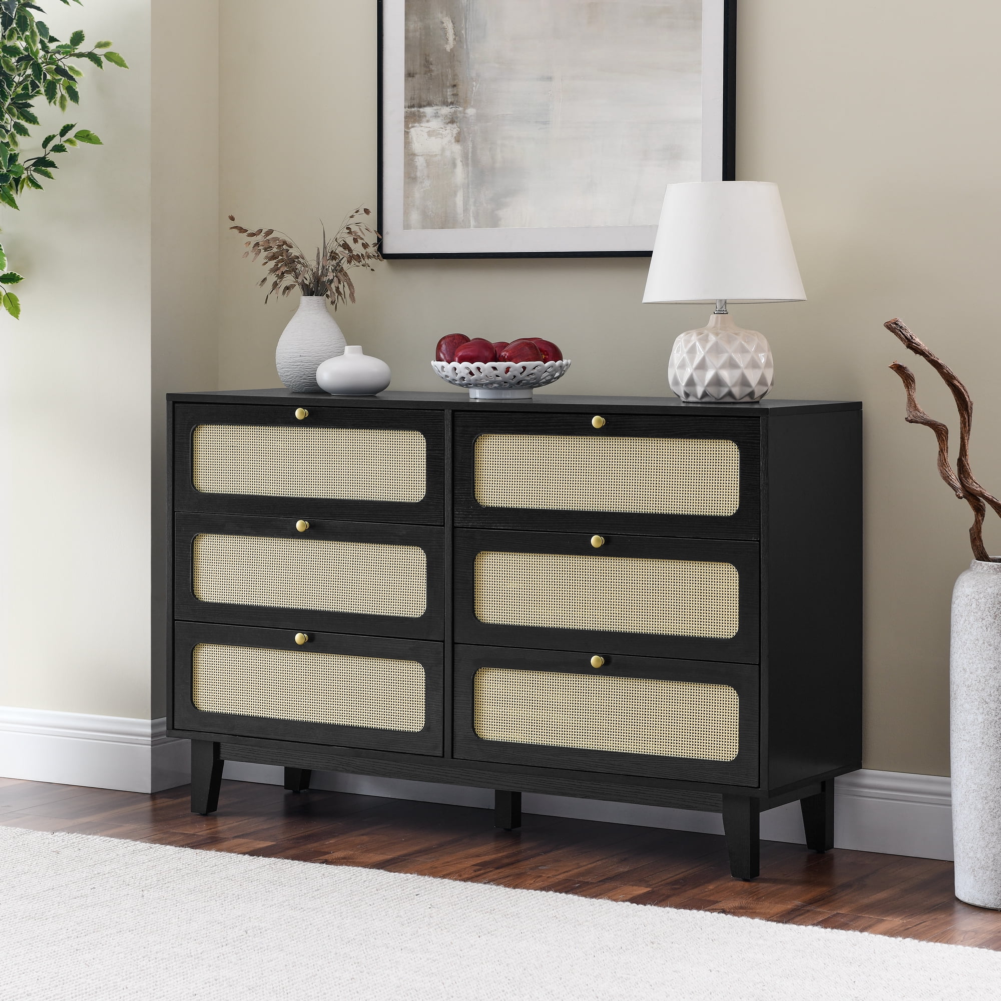 Antique Style Wooden Bedroom Dresser TV Cabinet, Six-Drawer, MDF+Solid Wood, 52.4x15.75x32.76