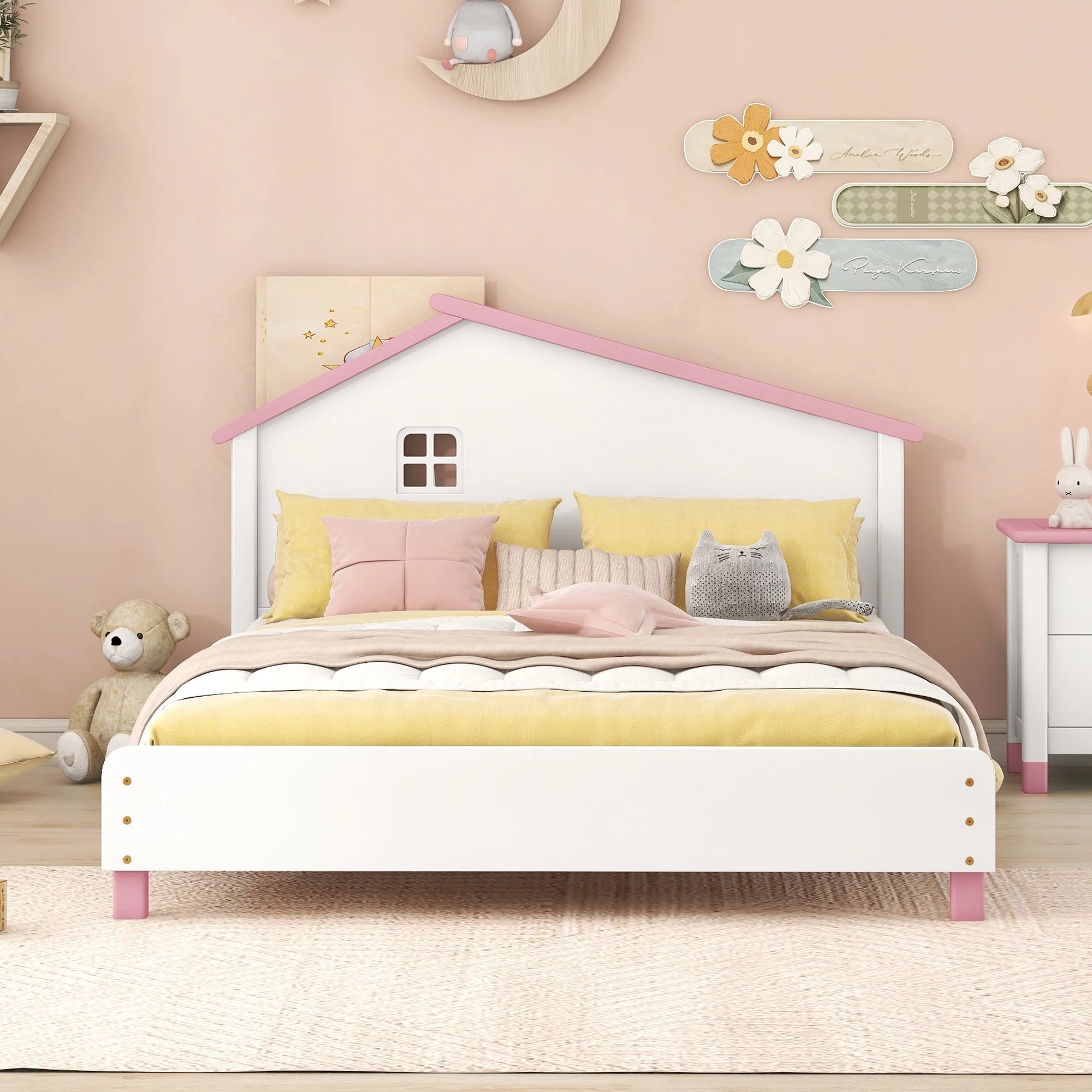 Full Size Wood Platform Bed with House-shaped Headboard&nbsp; (White+Pink)