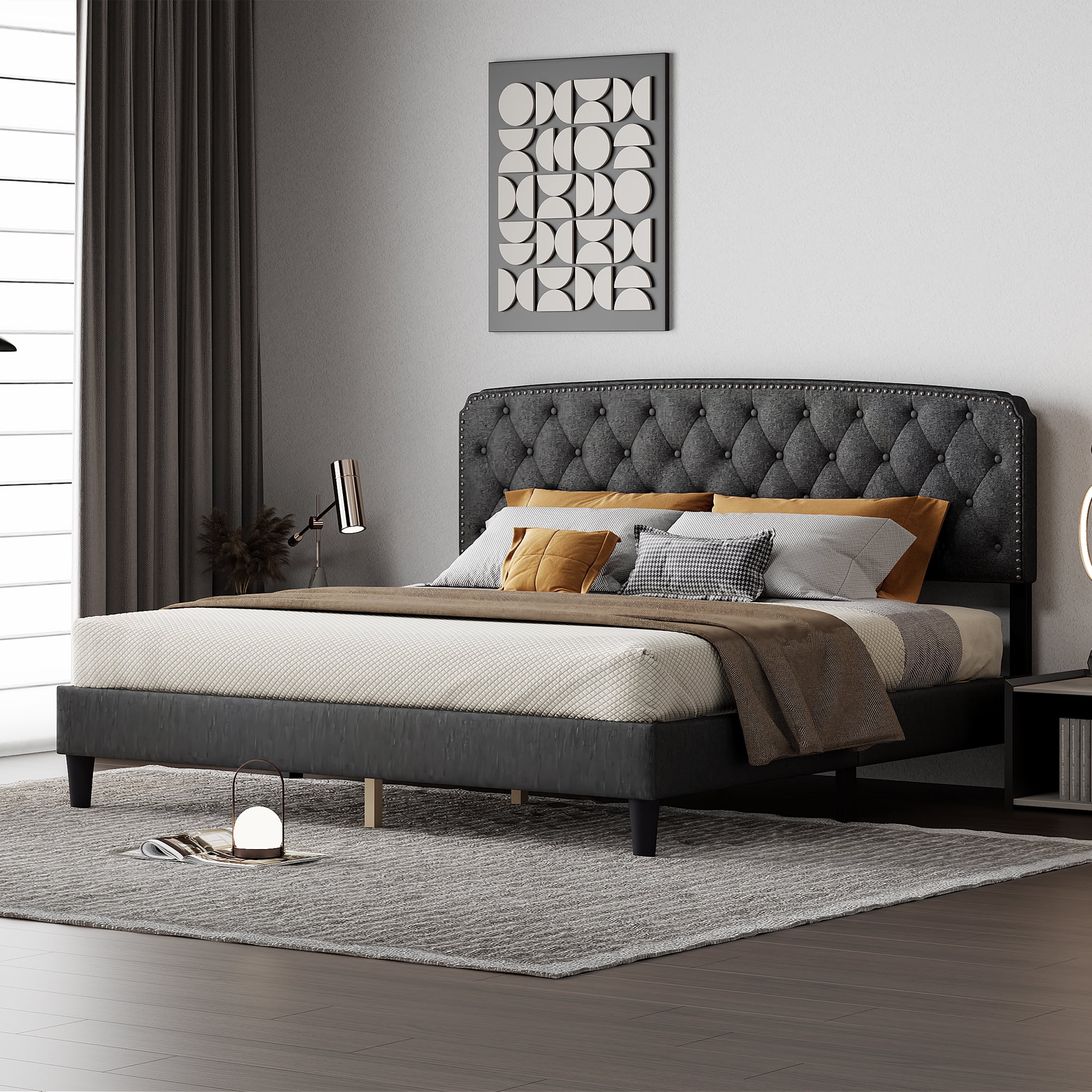 CoSoTower King Size Adjustable Headboard with Fine Linen Upholstery and Button Tufting for Bedroom, Wave Top Dark Grey