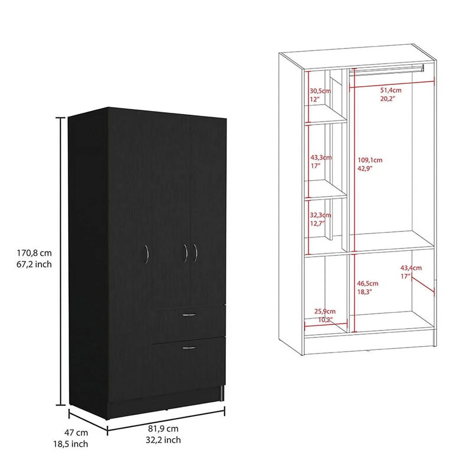 FM FURNITURE Crete 2-Piece Bedroom Set with Armoire and Dresser, Black/Pine