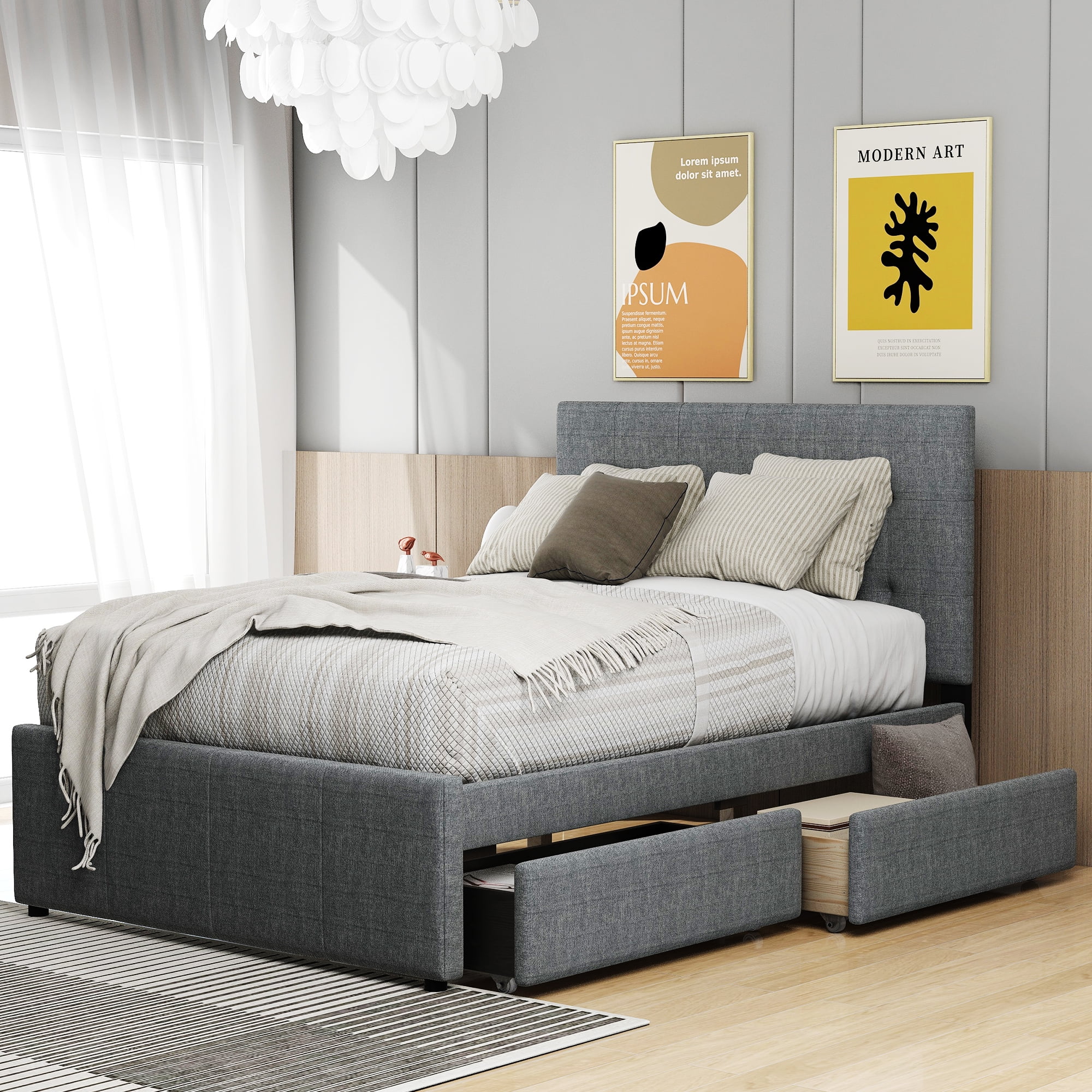 Euroco Upholstered Full Size Platform Bed with 2 Storage Drawers for Kids, Gray