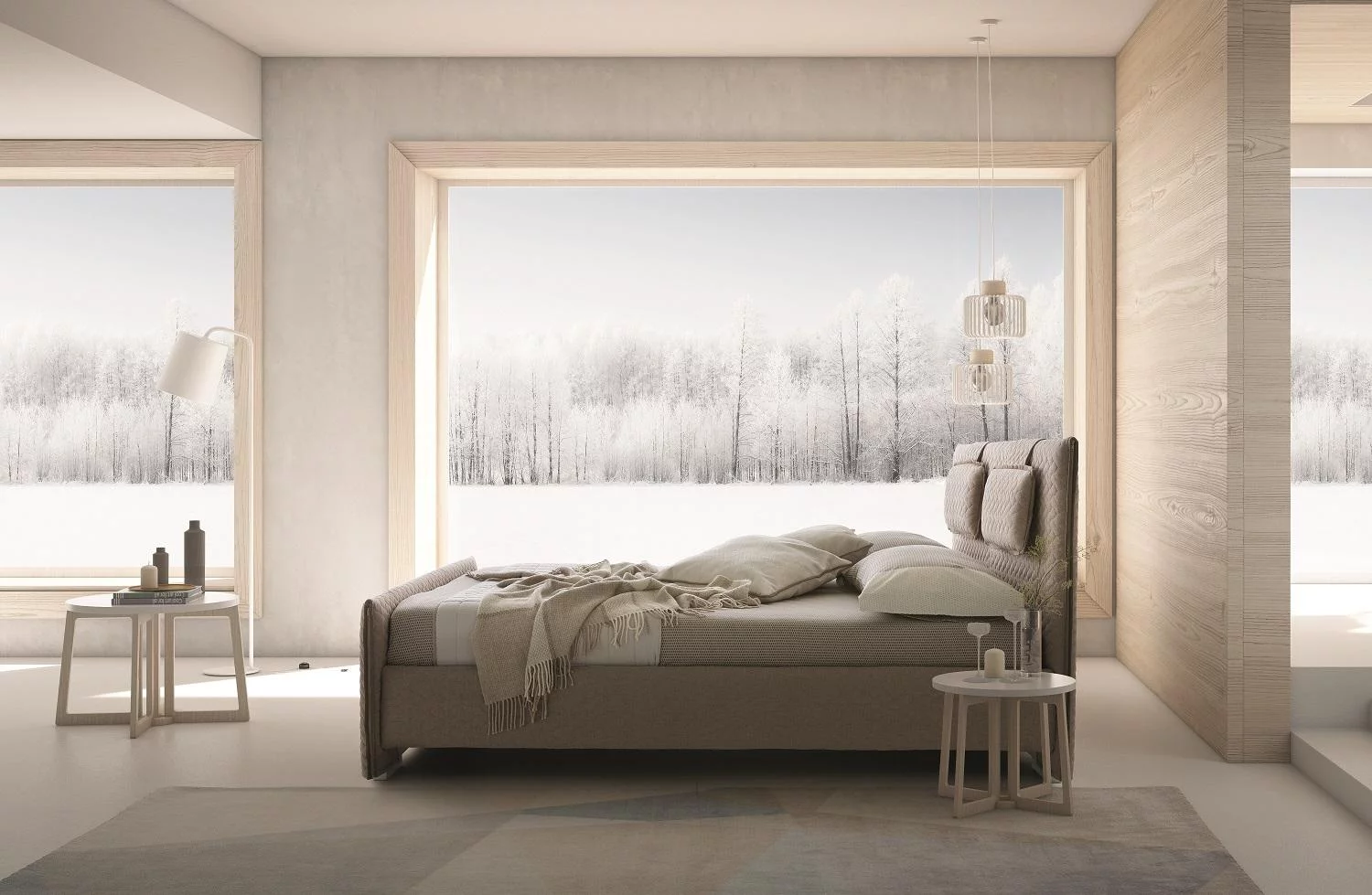 J&M Evergreen Light Beige Fabric Plush Headboard Platform Queen Size Bed Modern