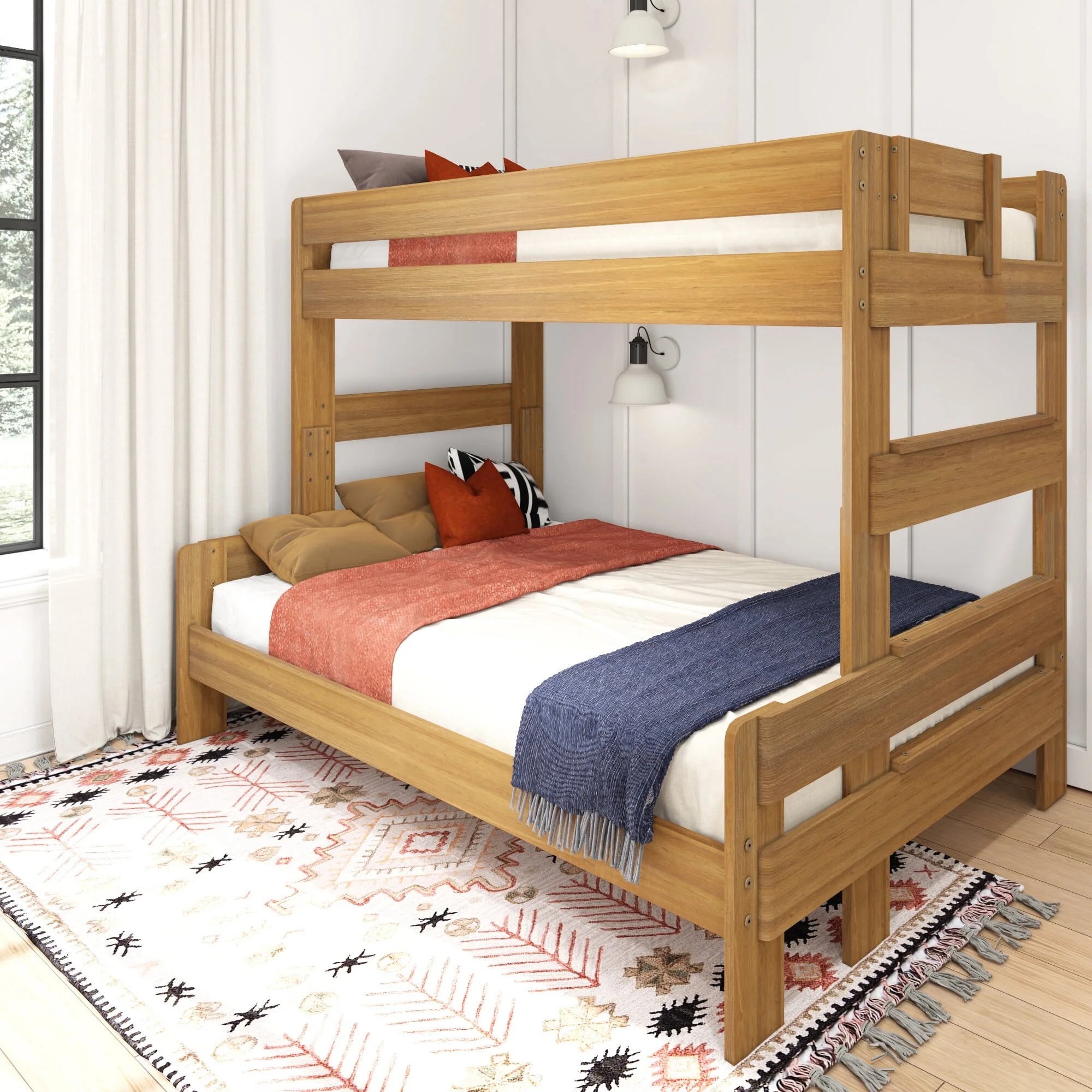 Max & Lily Twin Over Full Bunk Bed, Modern Farmhouse Wooden Bunk Beds For Kids, Pecan