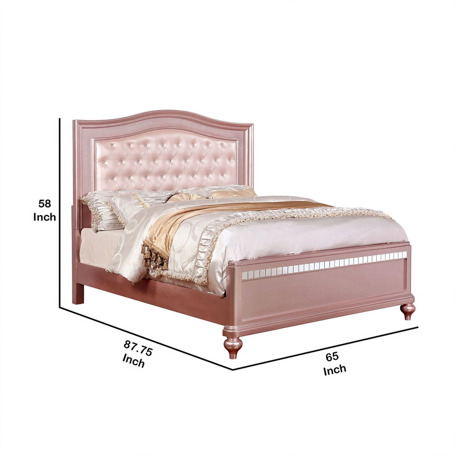 Queen Size Wooden Bed With Mirror Trim Detail and Camelback Headboard, Pink