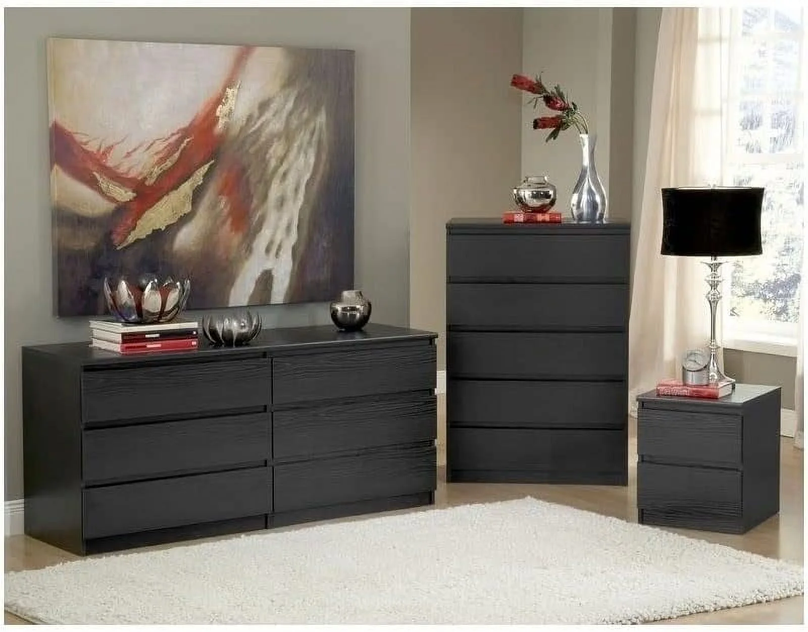 Contemporary Sturdy 5 Drawer Chest In Black Wood Grain