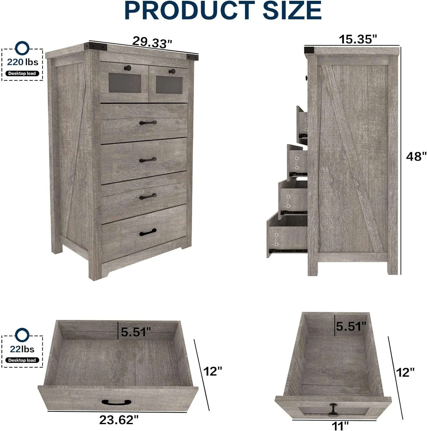 KHBIULIFE Modern 6-Drawer Bedroom Dresser with LED Light Closet Organizer & Large Capacity Cabinet Farmhouse Style Chest of Drawers for Bedroom LCDG002GY