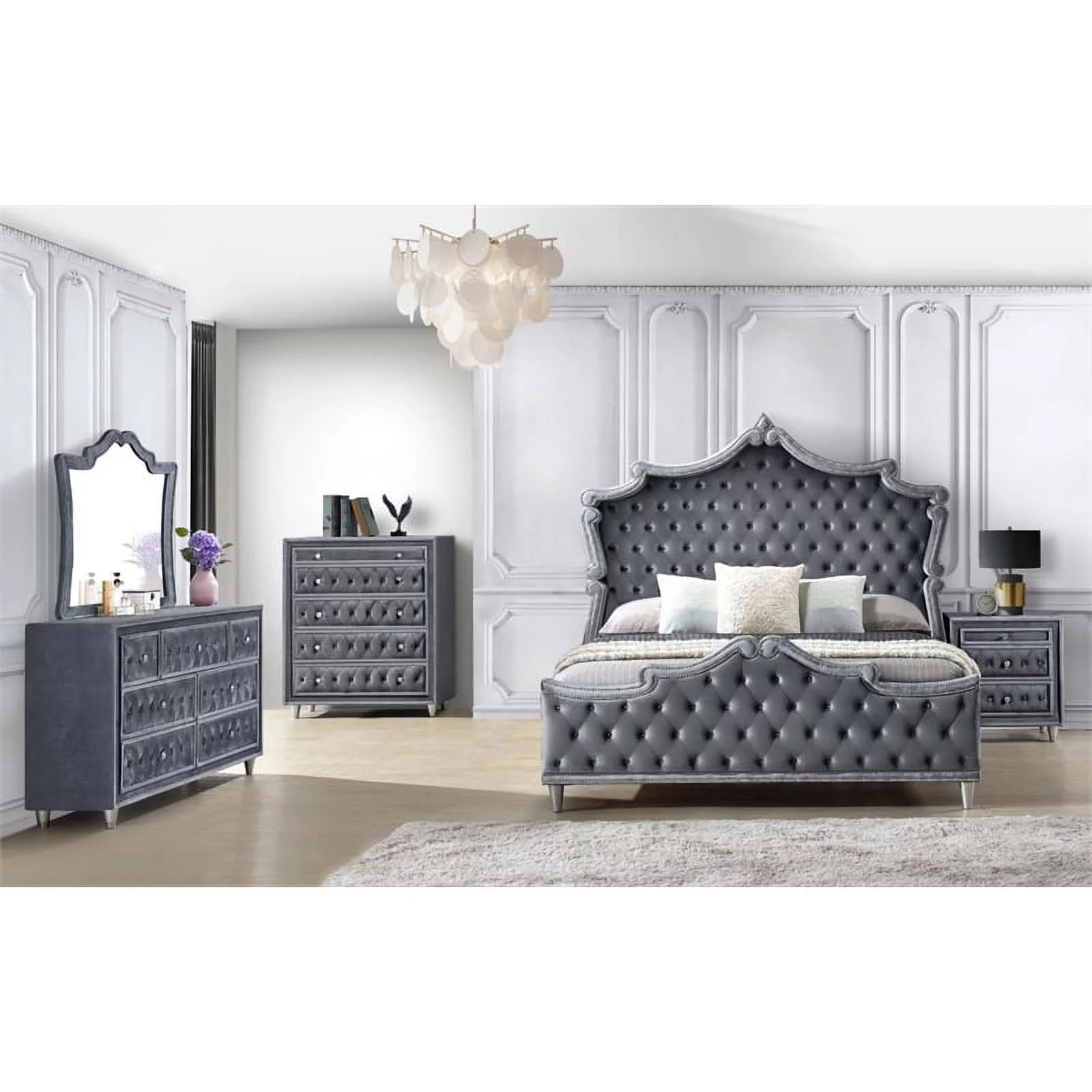 Maklaine 4-Piece Velvet Upholstered California King Bedroom Set in Gray