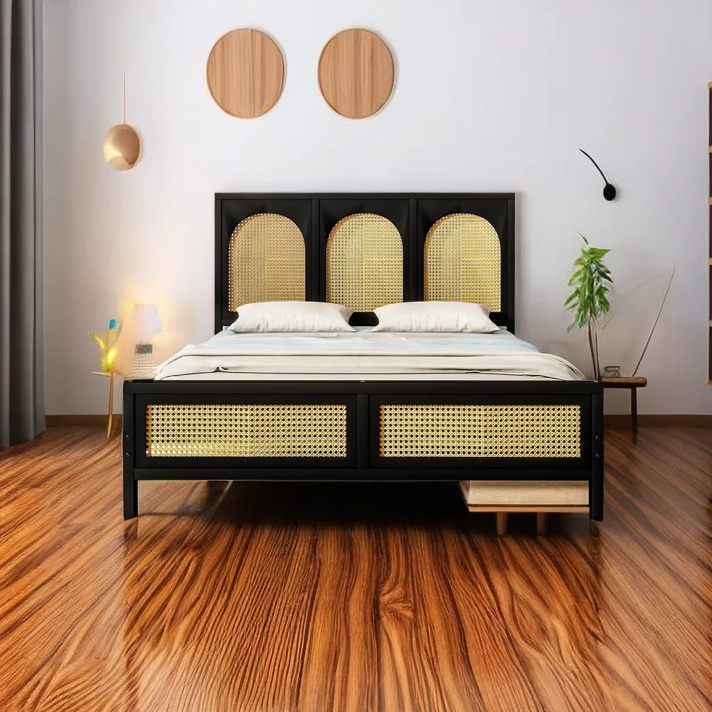 Modern Queen Size Platform Bed with 2 Drawers, Wood Storage Platform Bed Frame with Rattan Headboard and Footboard for Bedroom Guest Room, No Box Spring Required