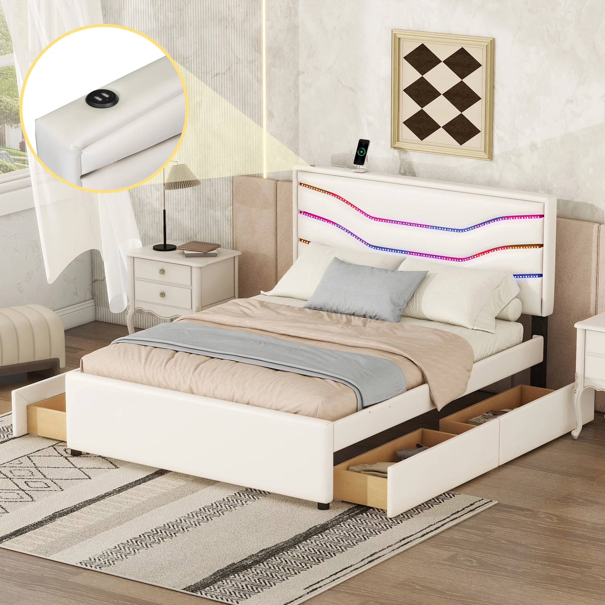 Churanty Queen Size Upholstered Storage Platform Bed with LED Headboard ,Wooden Queen Bed Frame with 4 Drawers and USB Charging, White