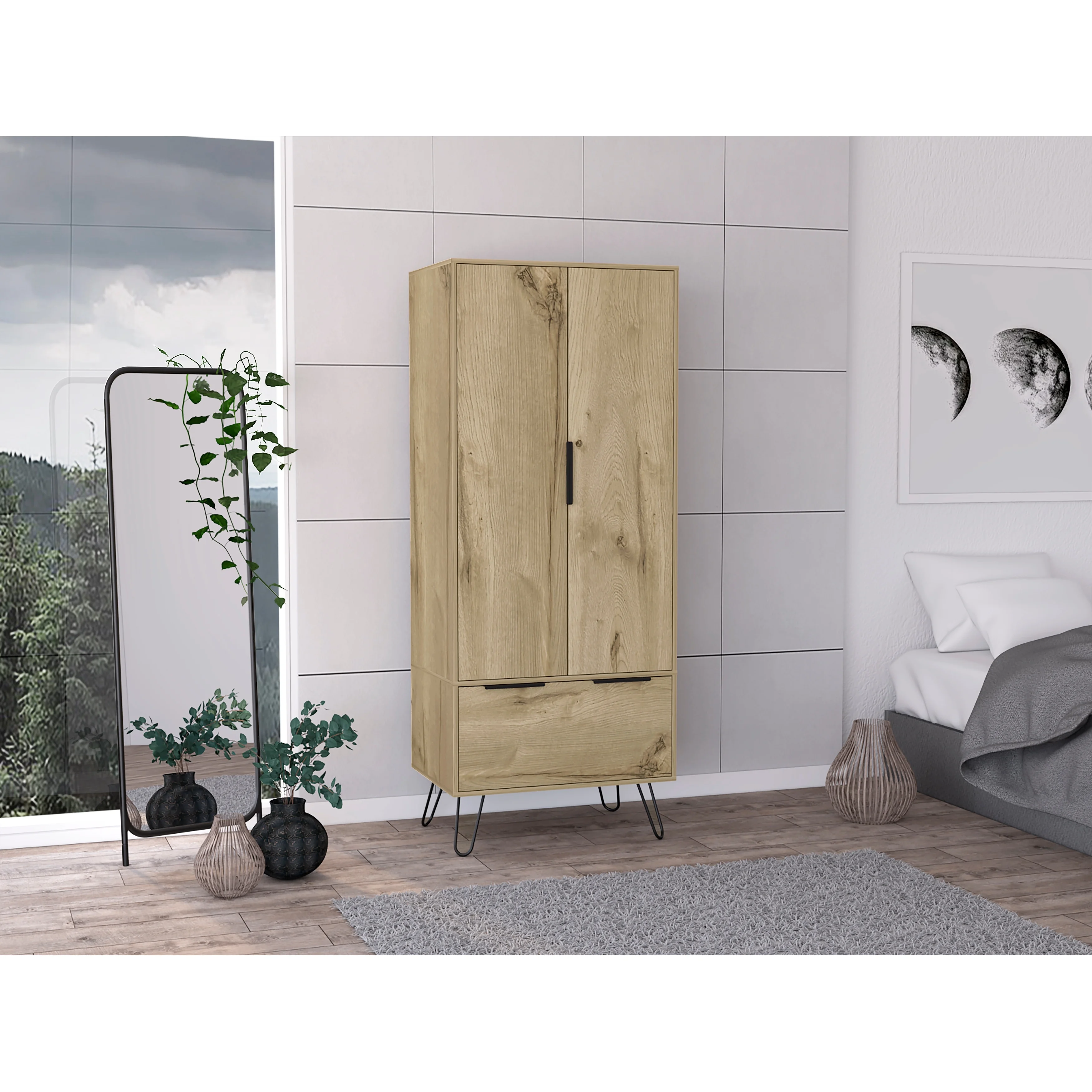 FM FURNITURE Nuvo Modern 2-Door Bedroom Closet, One Drawer, Steel Legs