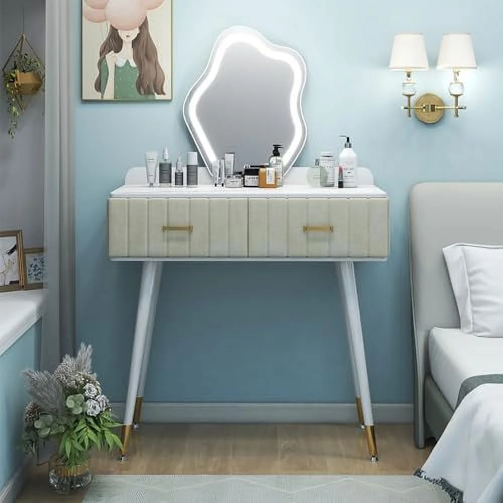 GEROBOOM Vanity Desk with Mirror and Lights  Velvet  Vanity with 2 Drawers  Pre-Assembled Dressing Table Body & 3 Lighting Colors Touch Dimming Mirror  Dresser Vanity Set for Bedroom