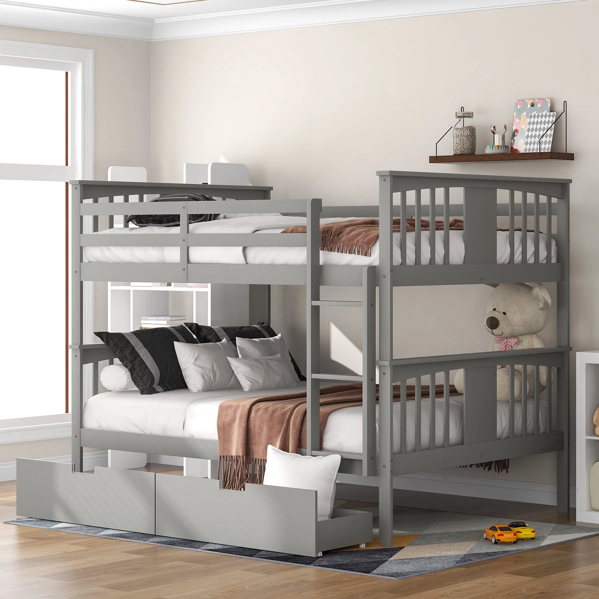 Dcenta Full over Full Bunk Bed with Drawers and Ladder for Bedroom, Guest Room Furniture-Gray