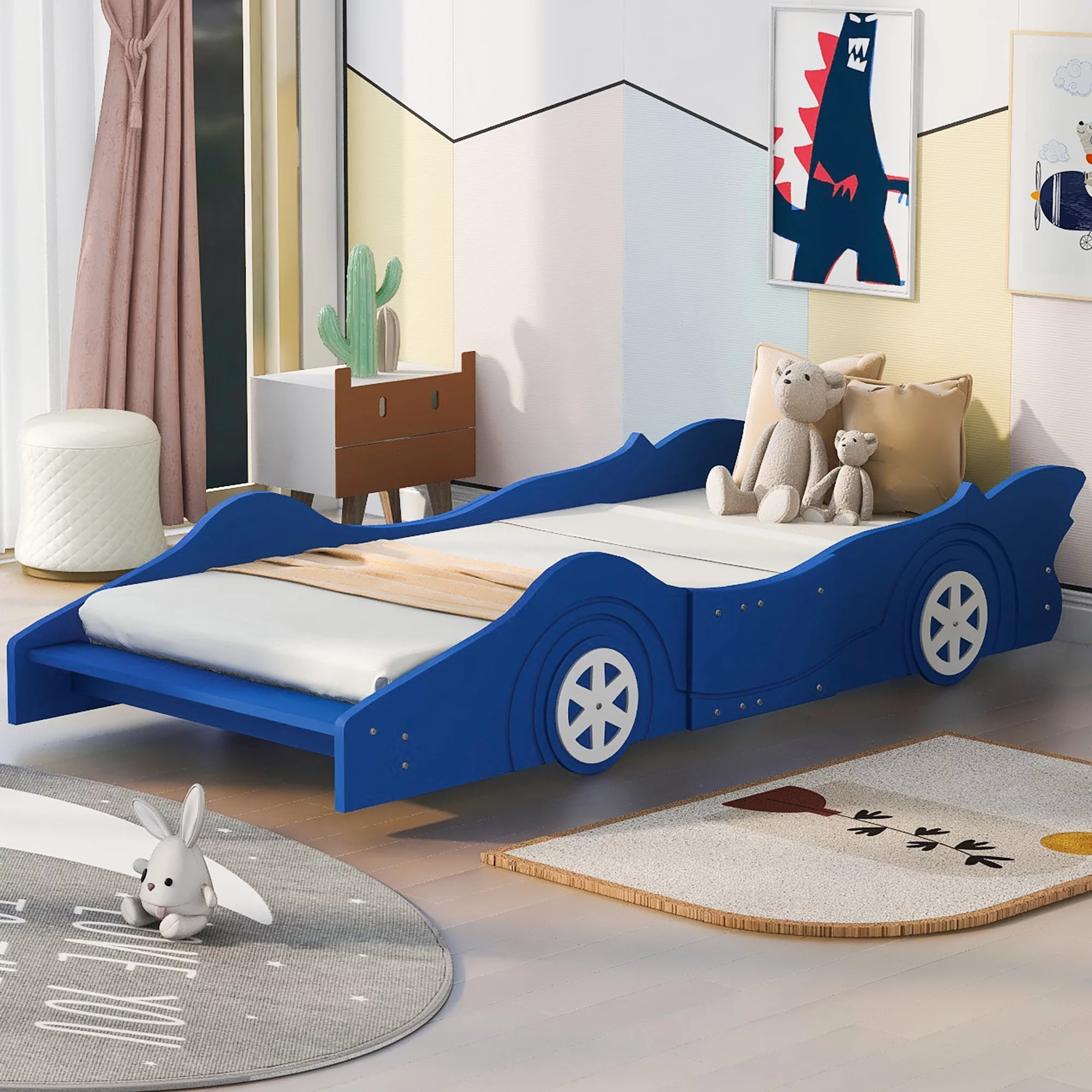 HSUNNS Twin Size Kids Race Car-Shaped Platform Bed with Wheels, Wooden Funny Twin Kids Bed Frame with 2 Sides Safety Rails for Boys Girls Toddlers Kids’ Bedroom, No Box Spring Needed, Blue