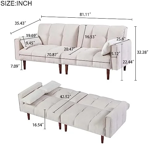 RUNFAYBIU Convertible Tufted Futon Sofa Bed Adjustable Couch Sleeper with Adjutable Back Upholstered Loveseat Sofa & Couch for Apartment Living Room Home Office