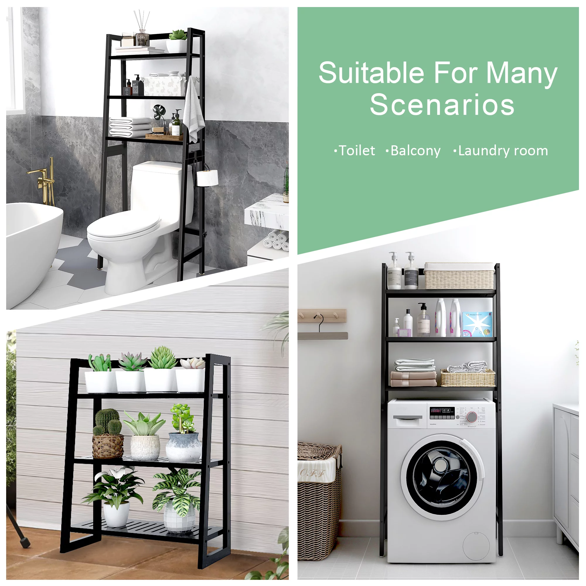 Over The Toilet Storage, Wooden 3-Tier Over-The-Toilet Rack Bathroom Space Saver Organizer, Freestanding Above Toilet Stand with Toilet Paper Holder and Towel Hook(Black)