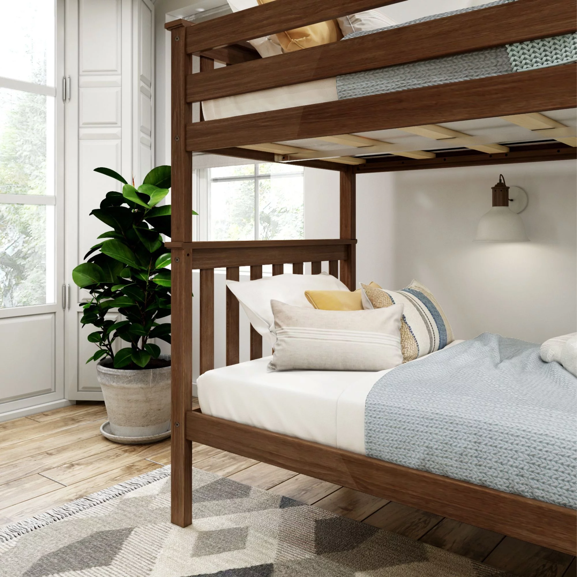 Plank+Beam Wooden Twin over Twin Bunk Bed with Ladder for Adults, Easy to Assemble, No Box Spring Needed, Walnut