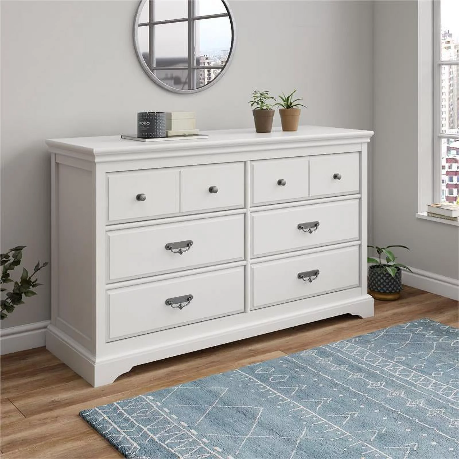 Ameriwood Home Bristol Classic Study 6 Drawer Double Bedroom Dresser in White with Handles