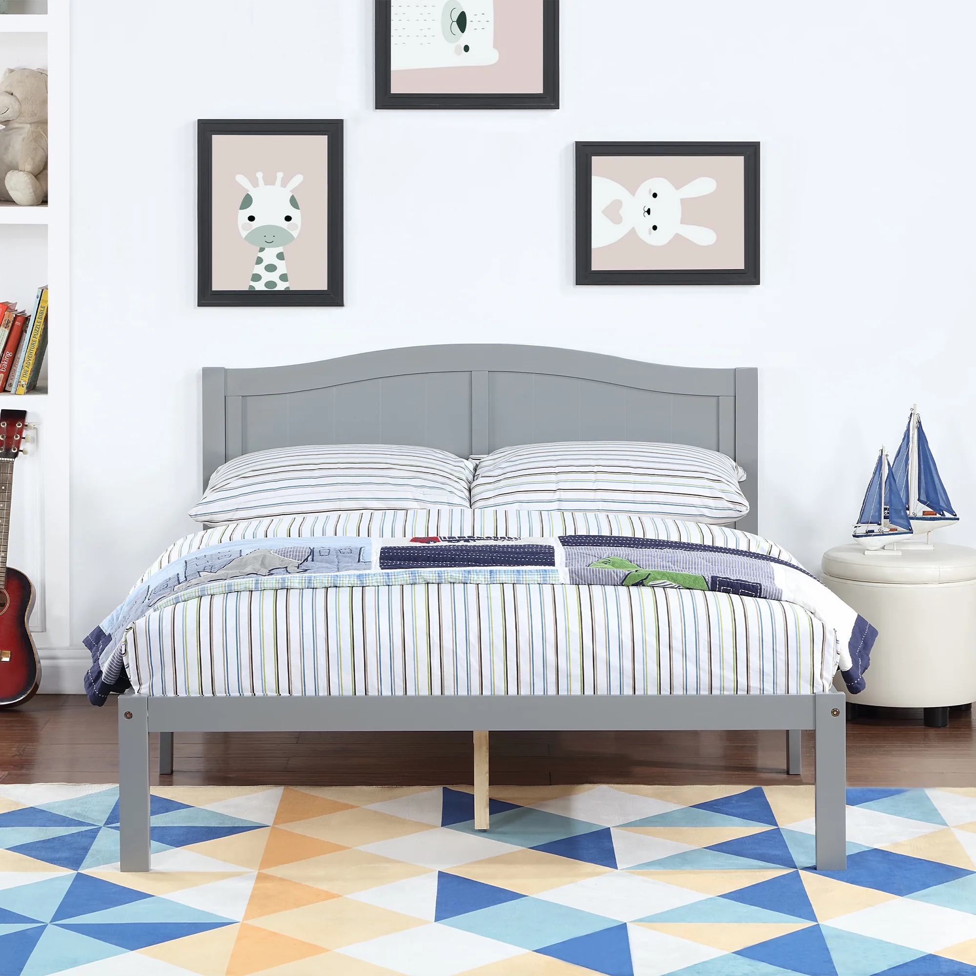 iRerts Full Platform Bed Frame with Headboard, Wood Full Size Bed Frame for Kids Teens Adults, Modern Platform Bed Frame Full Size with Wood Slat Support, No Box Spring Needed, Gray