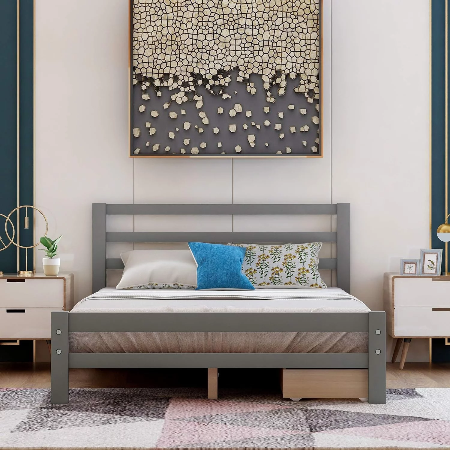 Full Size Platform Bed With Two Storage Drawers, Wooden Platform Bed With Headboard And Footboard, Grey